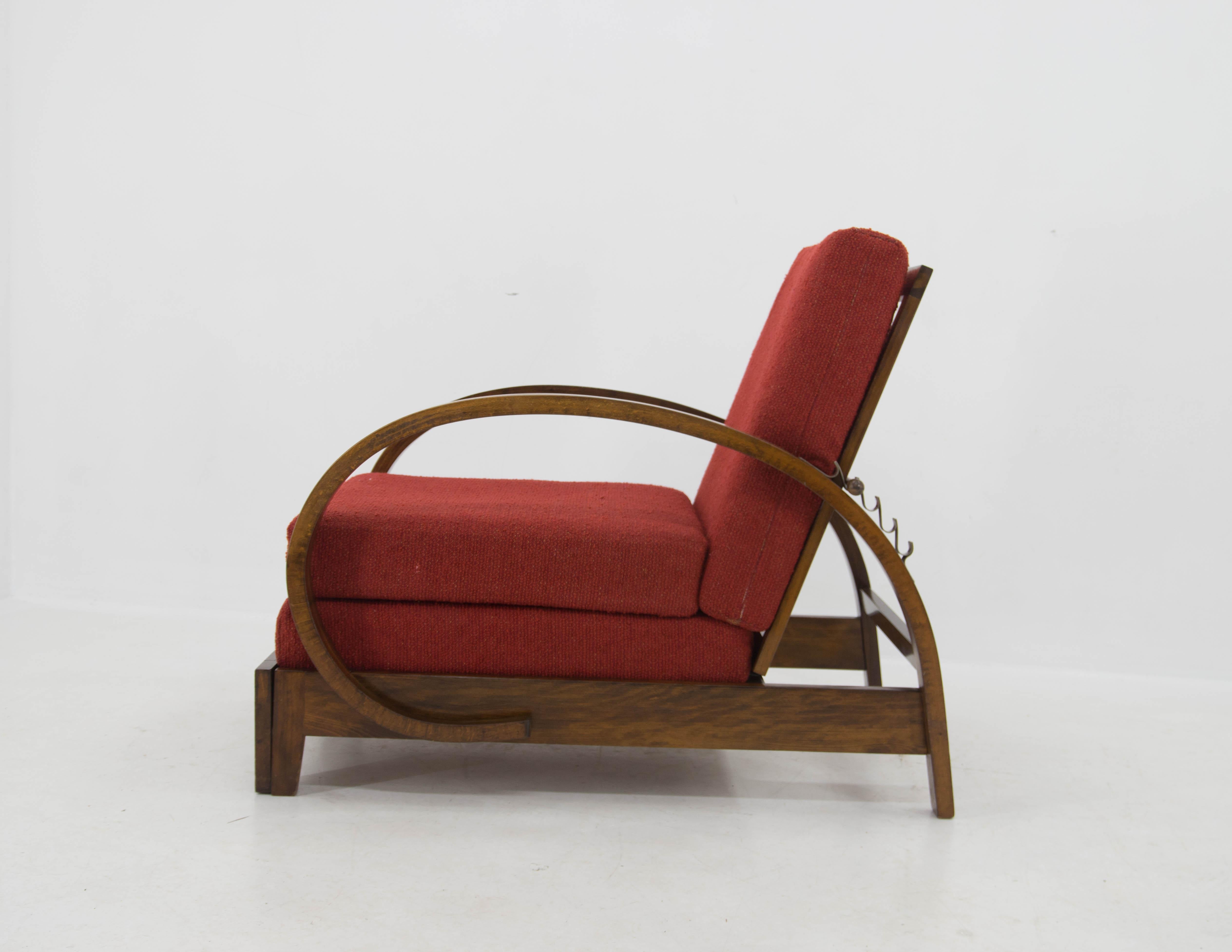 Mid-20th Century 1930s Art Deco Adjustable Armchair, Czechoslovakia