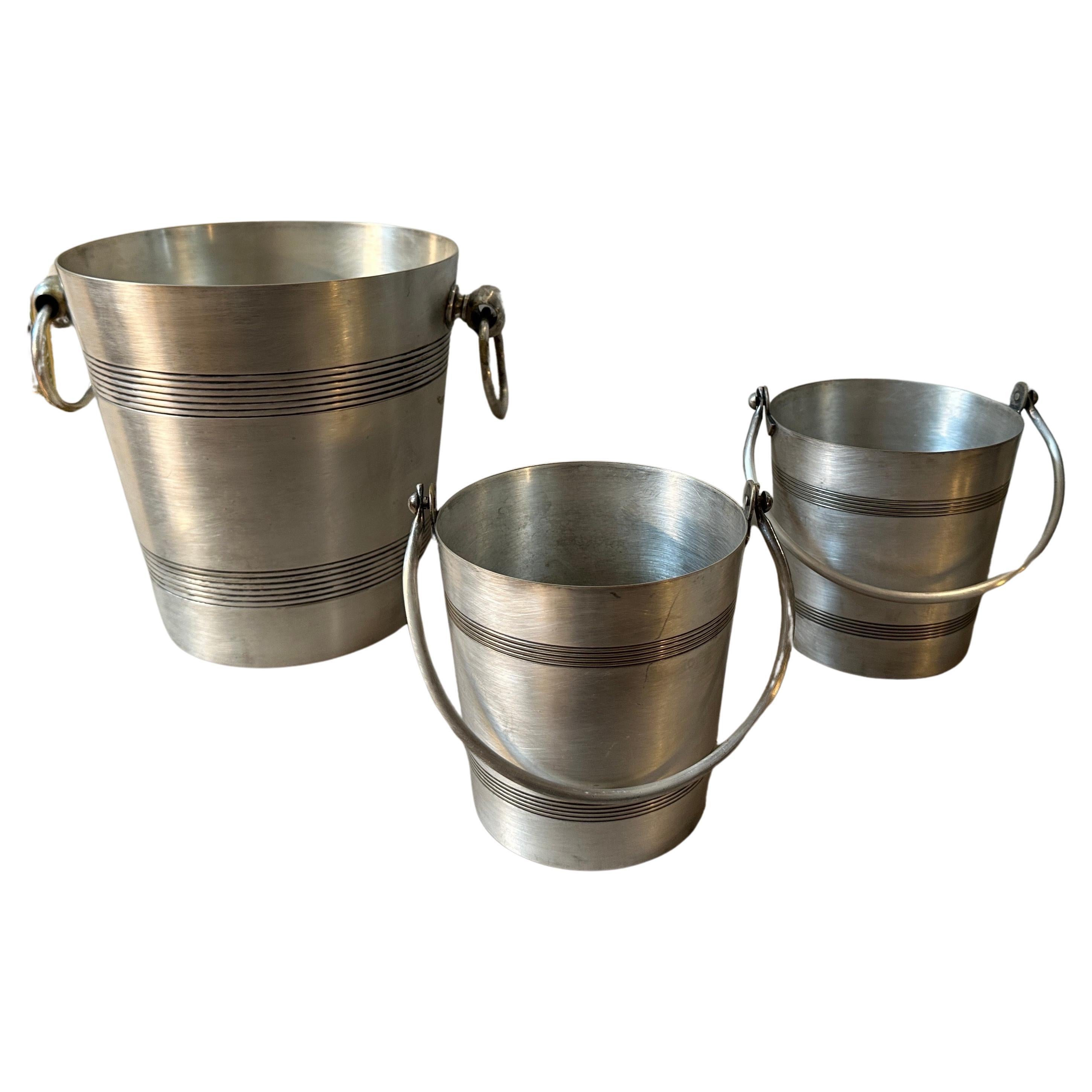 1930s Art Deco Aluminum French Wine Cooler and Two Ice Bucket by Reneka For Sale