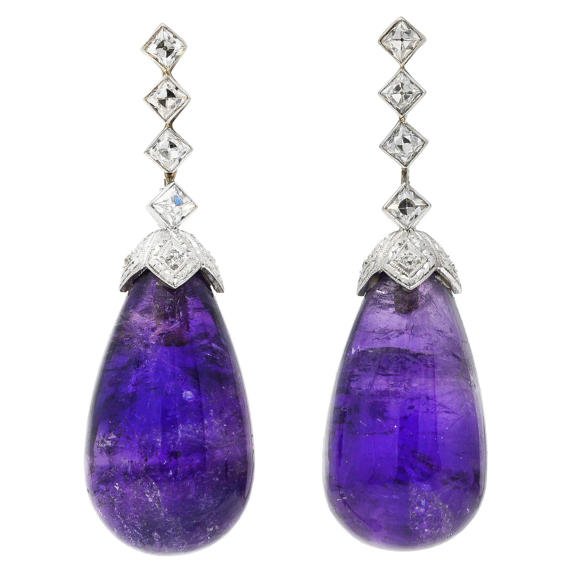 1930
s Art Deco Amethyst Diamond Platinum Drop Earrings