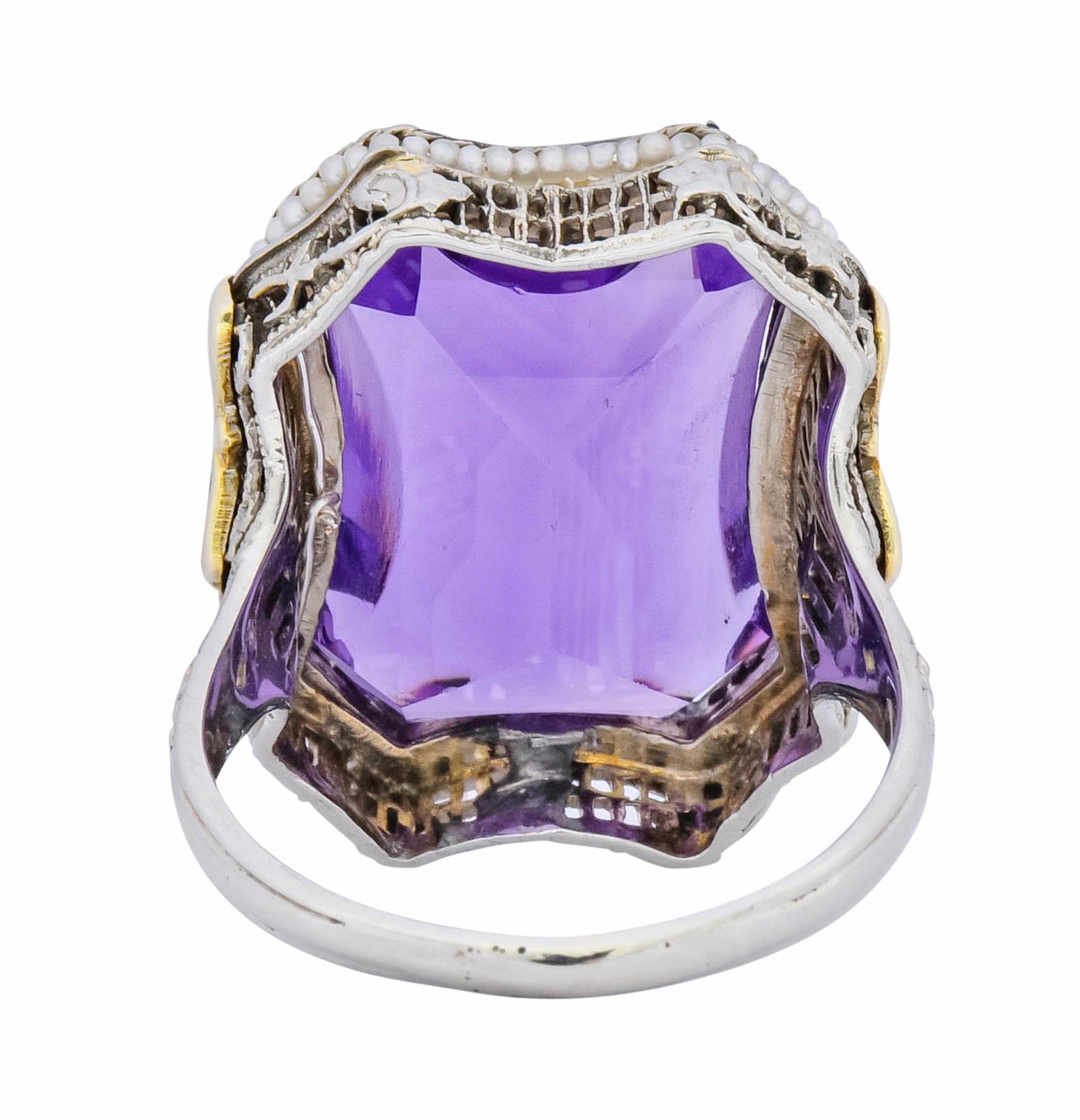 1930s Art Deco Amethyst Enamel Pearl 14 Karat Two-Tone Gold Cocktail Ring In Excellent Condition In Philadelphia, PA