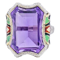 1930s Art Deco Amethyst Enamel Pearl 14 Karat Two-Tone Gold Cocktail Ring