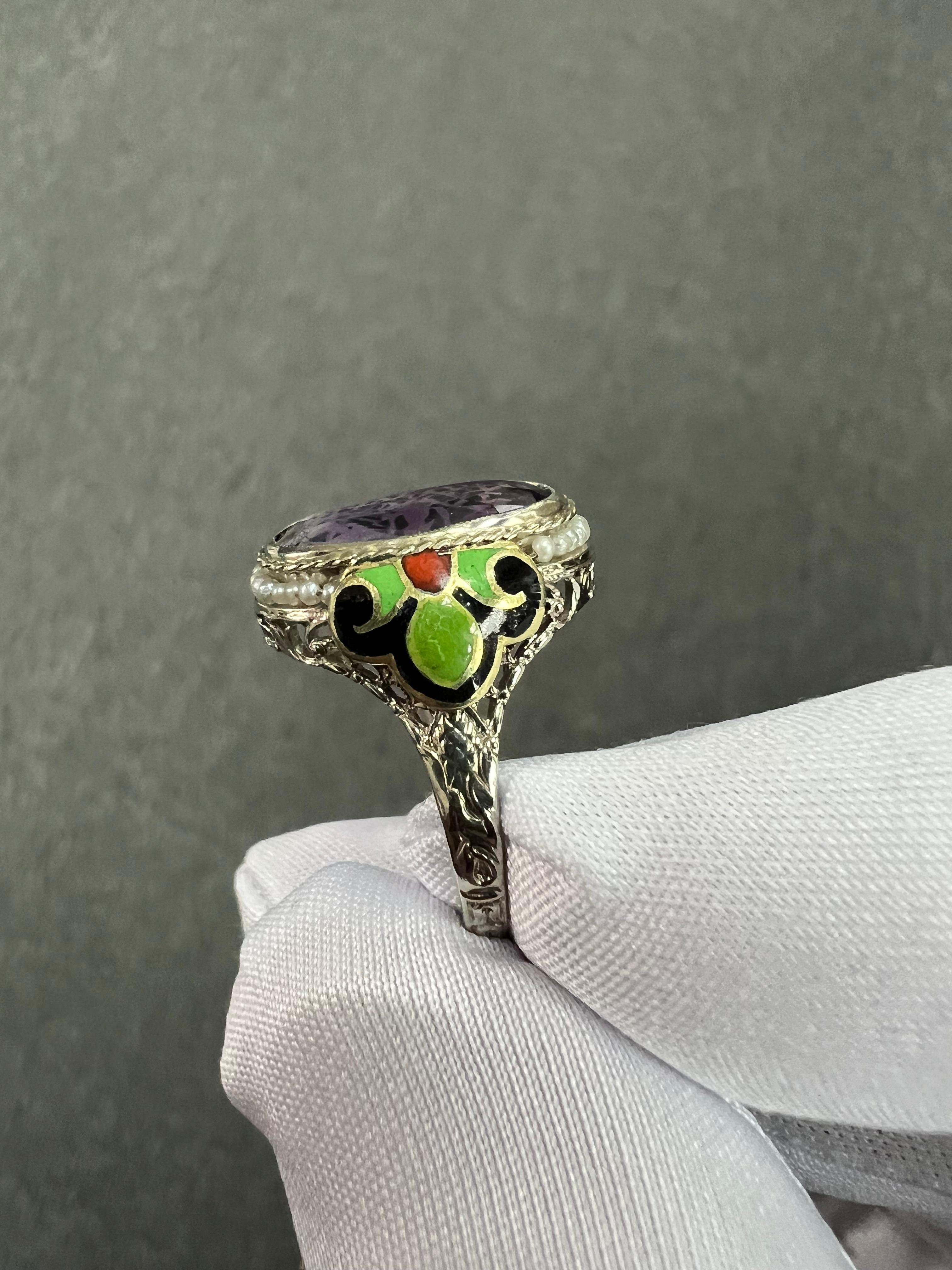 1930s Art Deco Amethyst Enamel Seed Pearl White Gold Ring 5