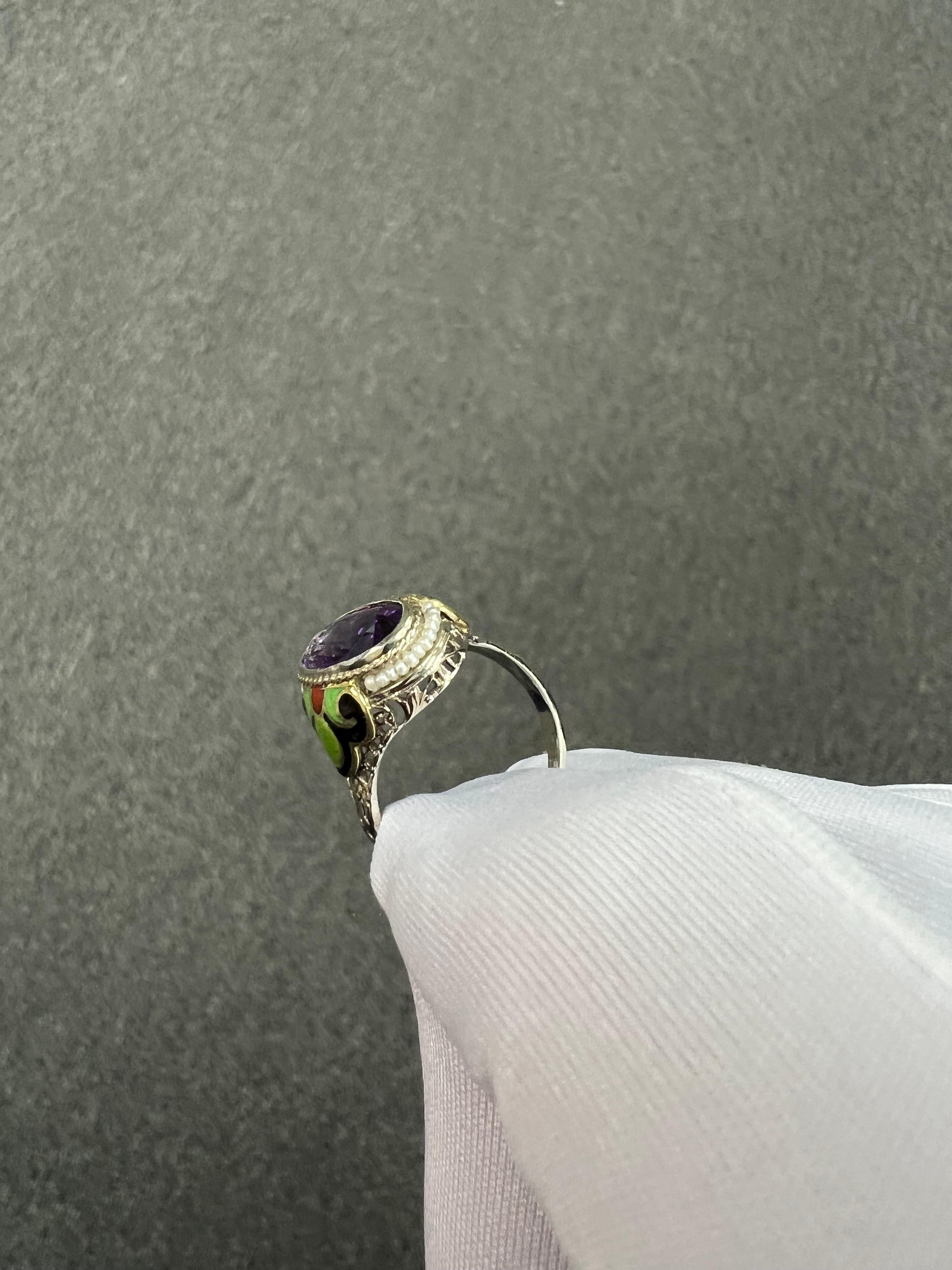 1930s Art Deco Amethyst Enamel Seed Pearl White Gold Ring 6