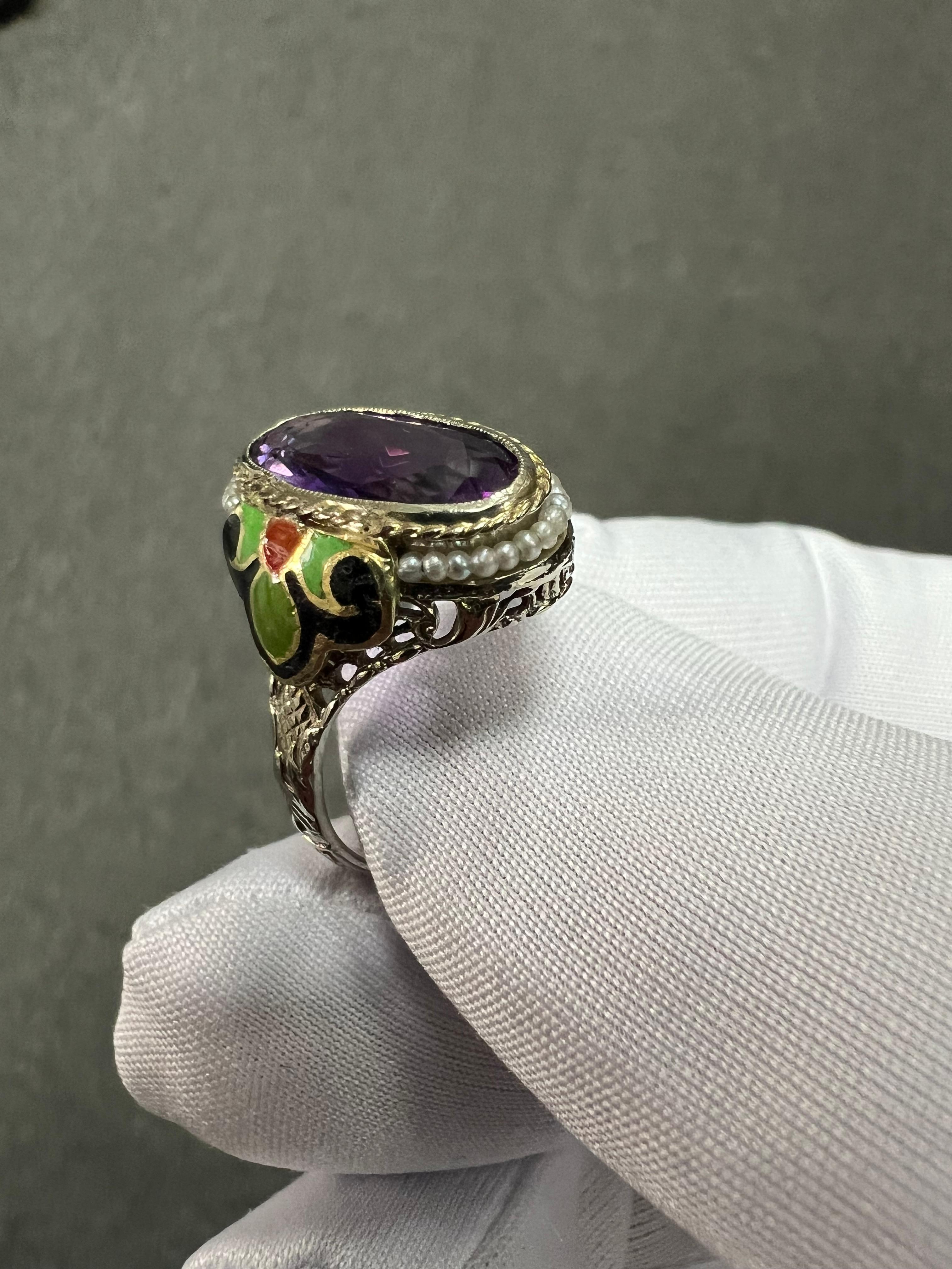 1930s Art Deco Amethyst Enamel Seed Pearl White Gold Ring 7