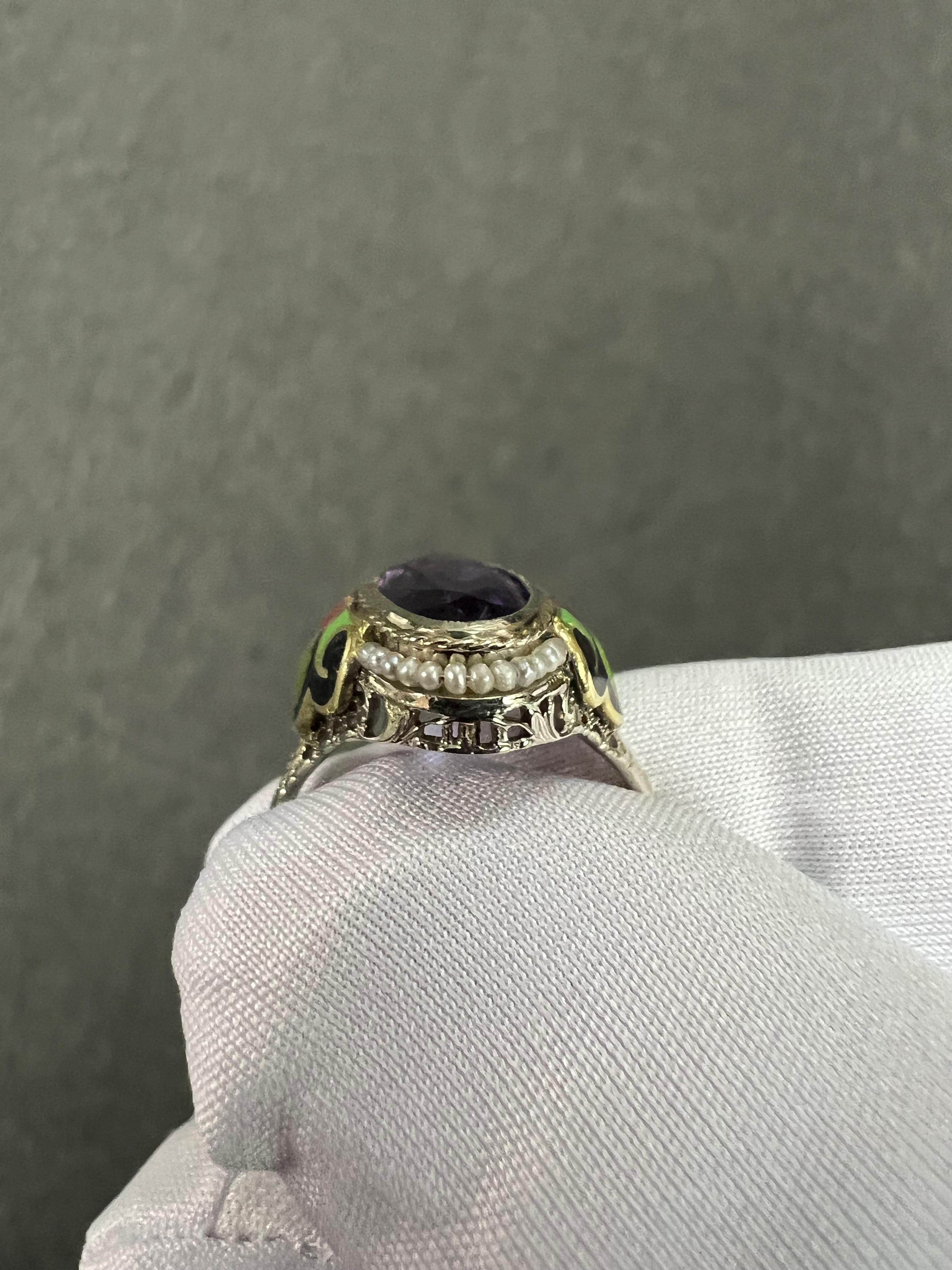 1930s Art Deco Amethyst Enamel Seed Pearl White Gold Ring 8