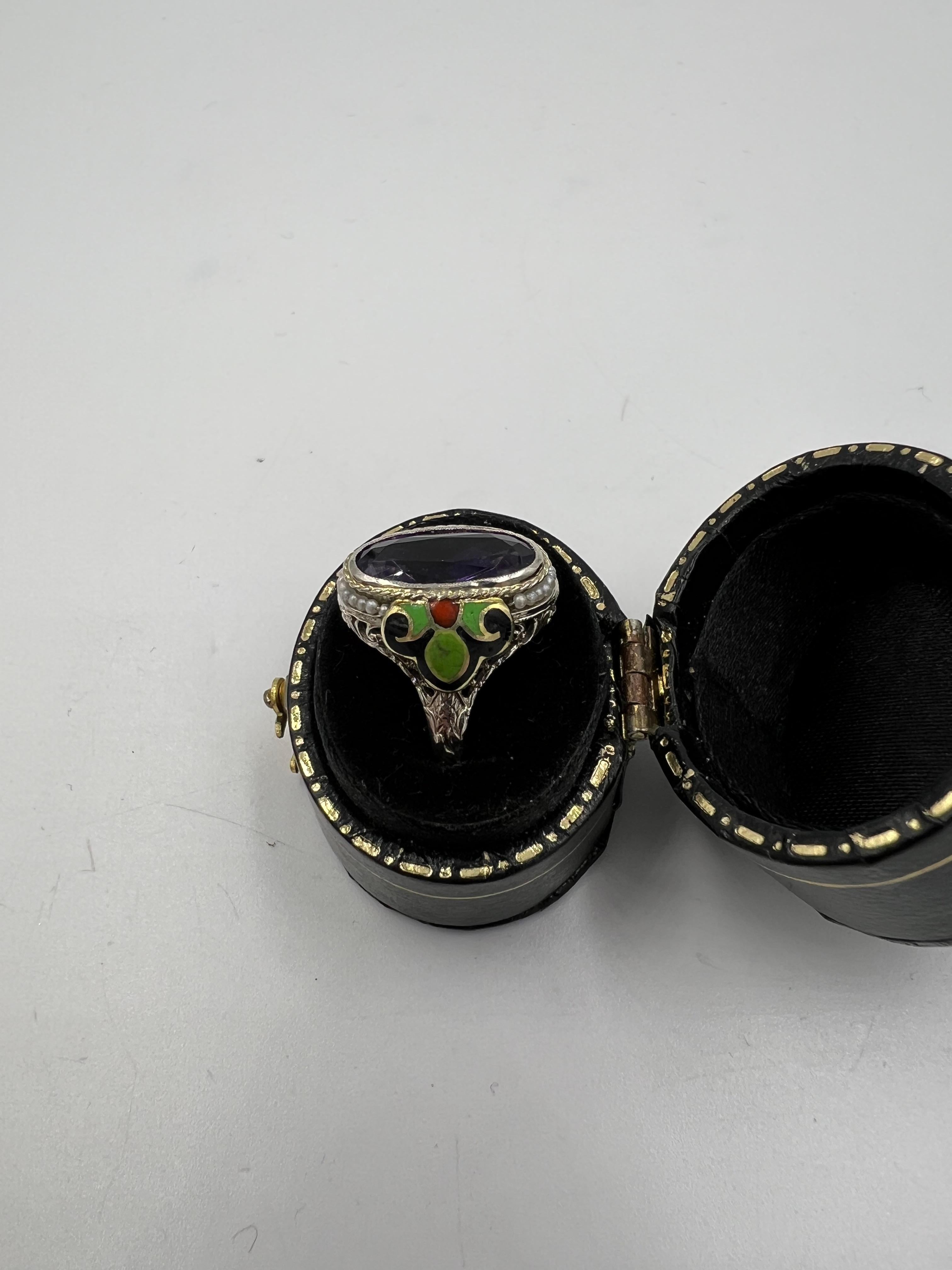 Women's or Men's 1930s Art Deco Amethyst Enamel Seed Pearl White Gold Ring