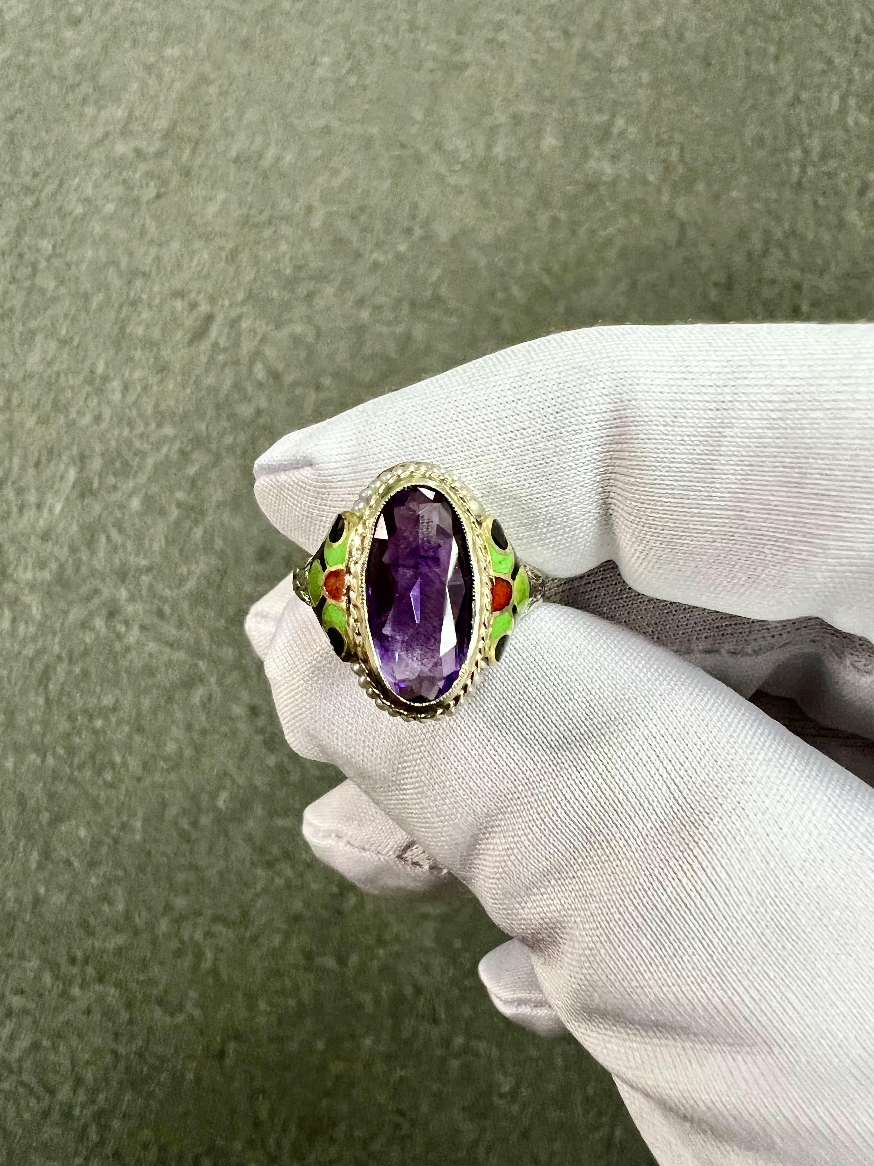 1930s Art Deco Amethyst Enamel Seed Pearl White Gold Ring 2