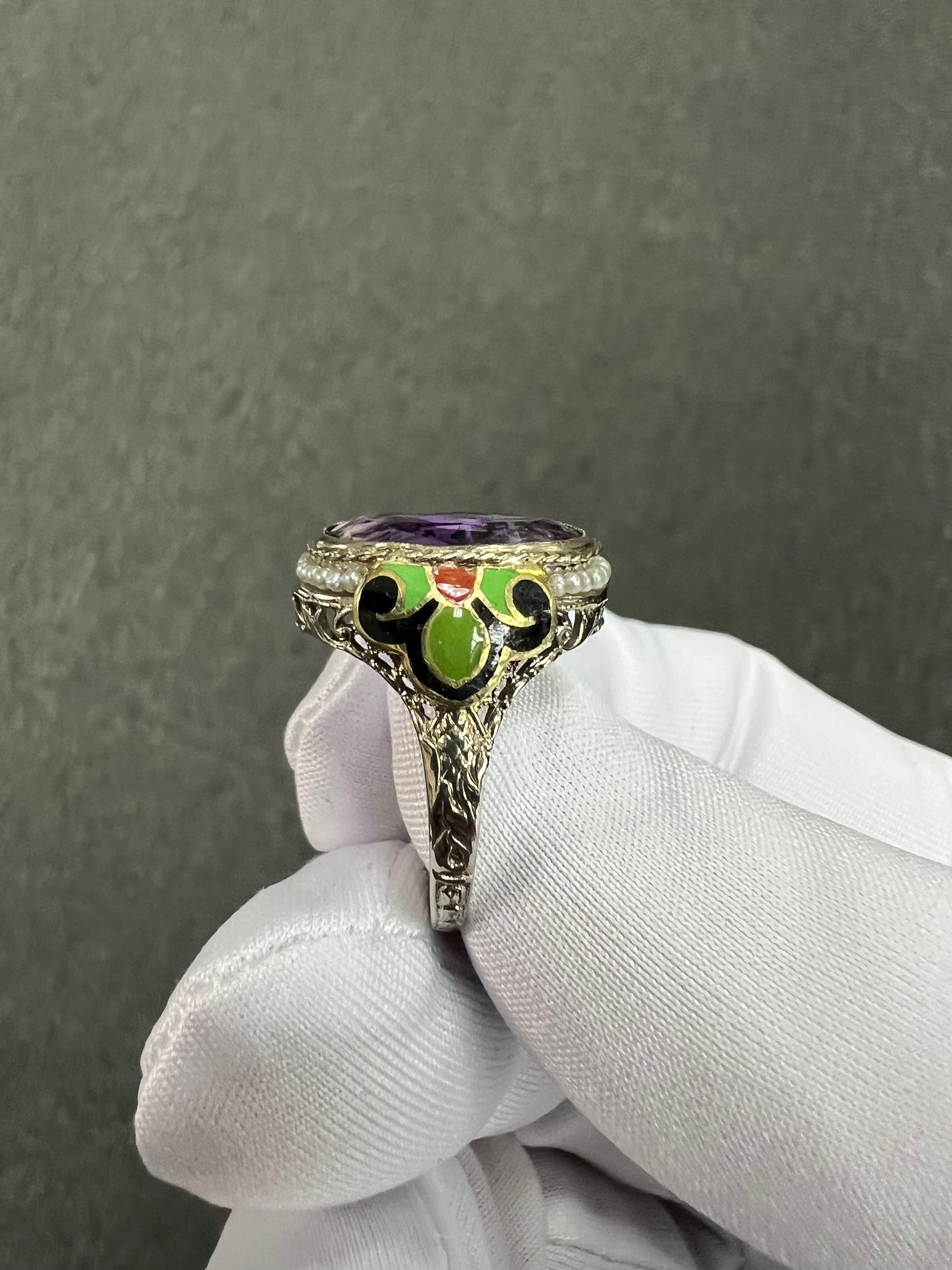 1930s Art Deco Amethyst Enamel Seed Pearl White Gold Ring 3