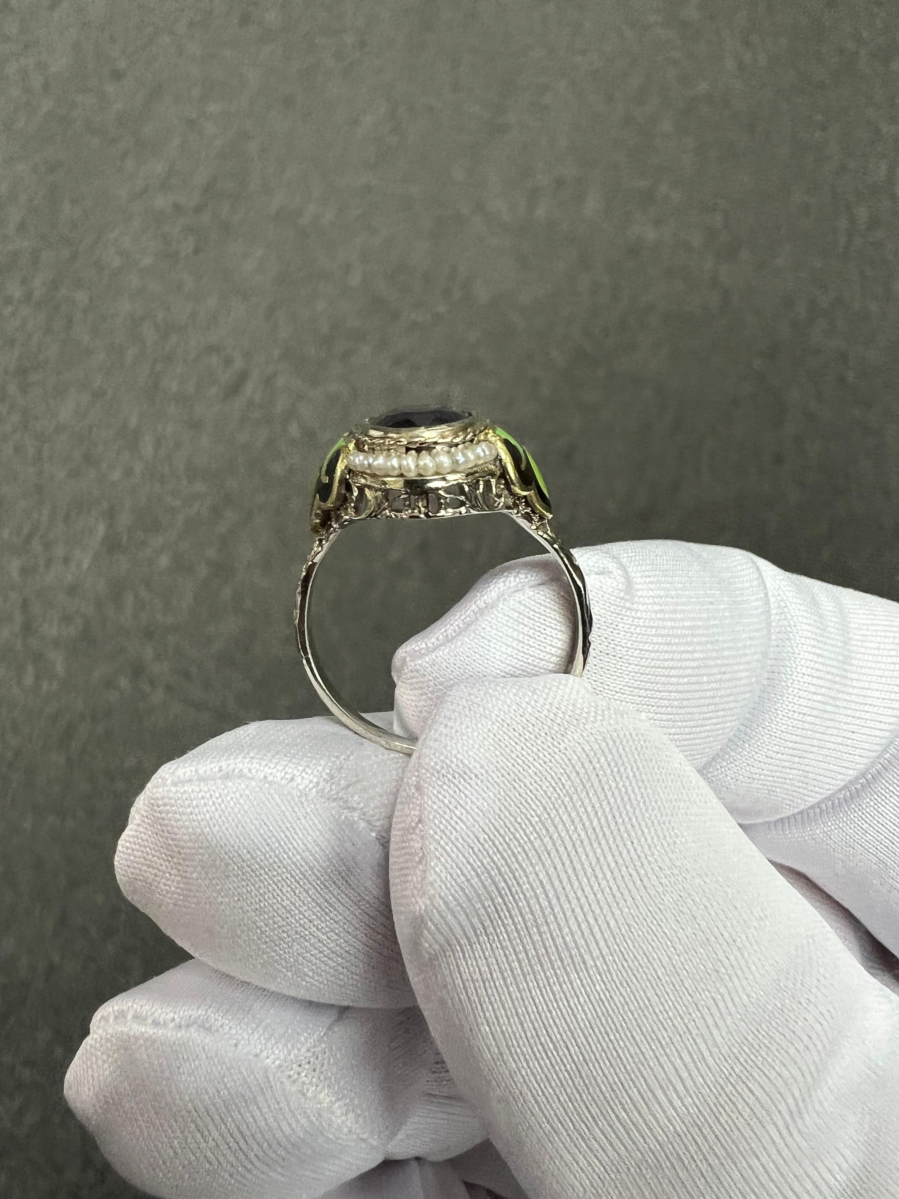 1930s Art Deco Amethyst Enamel Seed Pearl White Gold Ring 4