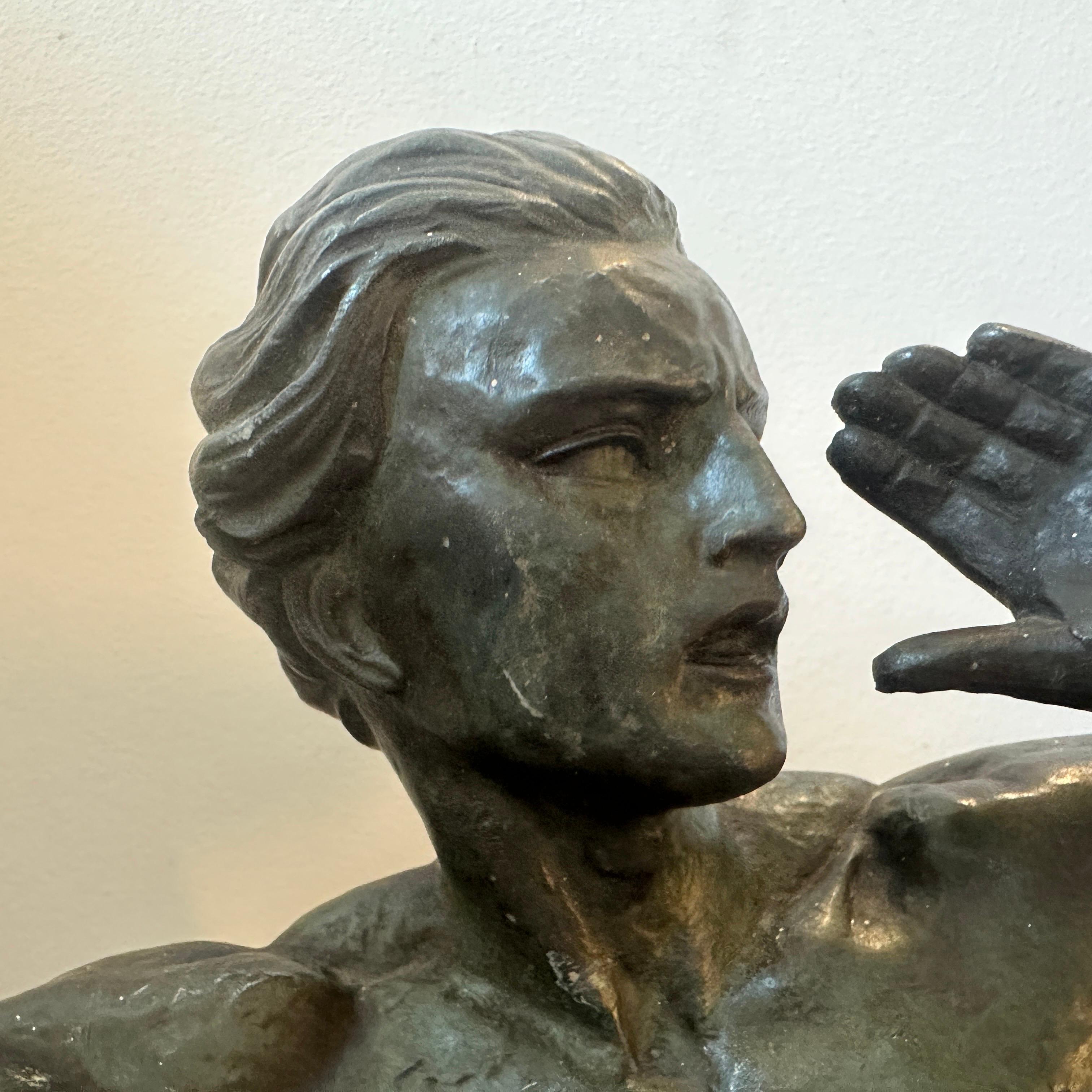 1930s Art Deco Antimony and Marble Sculpture of an Athlete by Jean De Roncourt For Sale 5