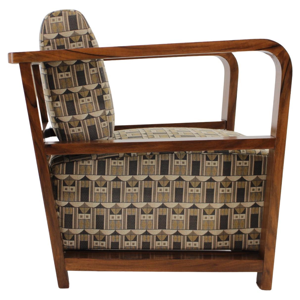1930s Art Deco Armchair in Walnut and Backhausen Fabric, Czechoslovakia  For Sale