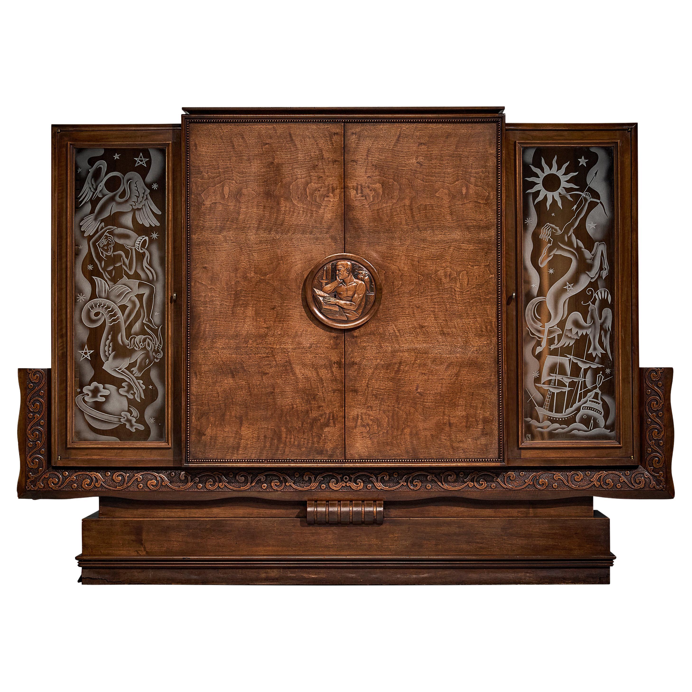 1930s Art Deco Armoire with Decorative Illustrations by Artisan Maker