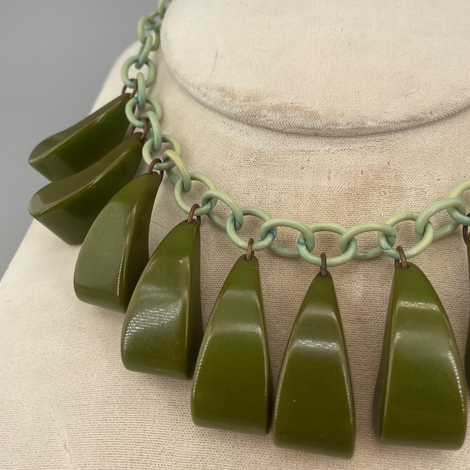 Mid-20th Century 1930s Art Deco Bakelite + Celluloid Linked Necklace Dark Green Arching Dangles For Sale