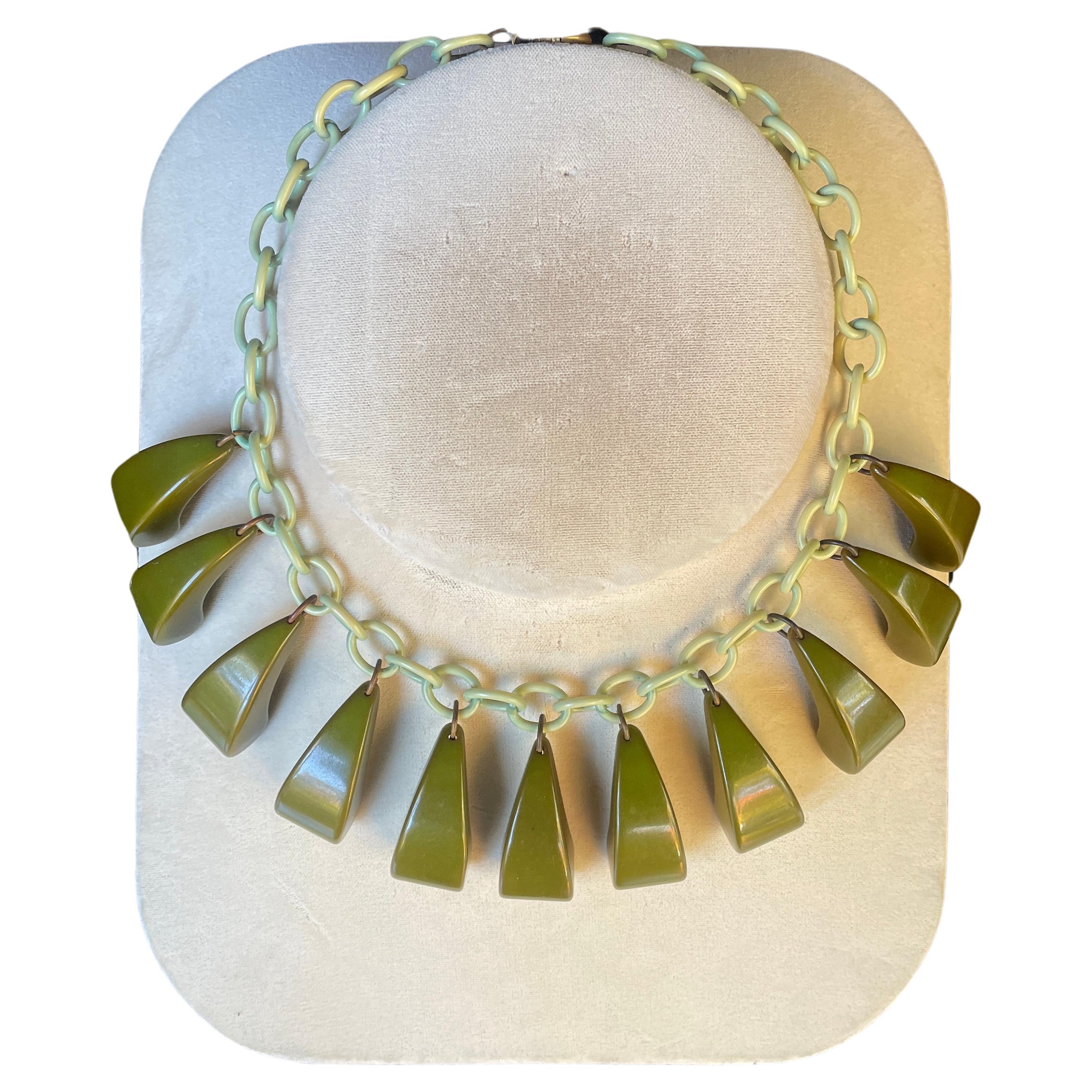 1930s Art Deco Bakelite + Celluloid Linked Necklace Dark Green Arching Dangles For Sale