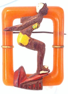 1930'S Art Deco Bakelite & Wood Figural "Diver Girl" Brooch Pin