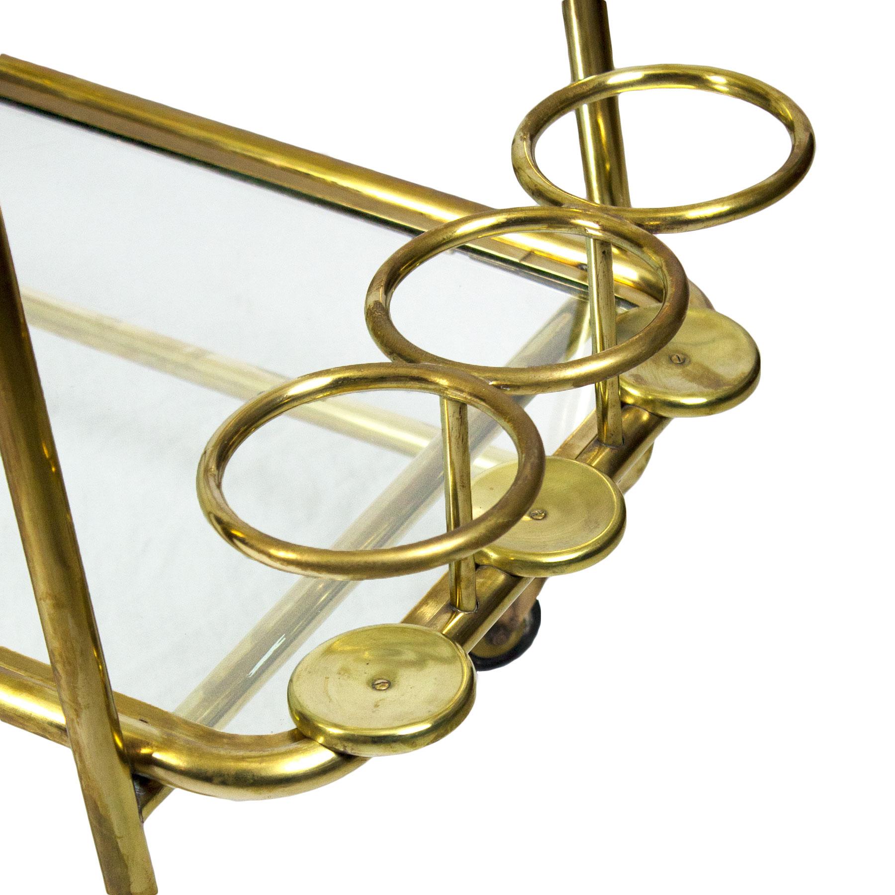 1930s Art Deco Bar Cart, Polished Brass and Glass, Bottles Rack, Italy 6