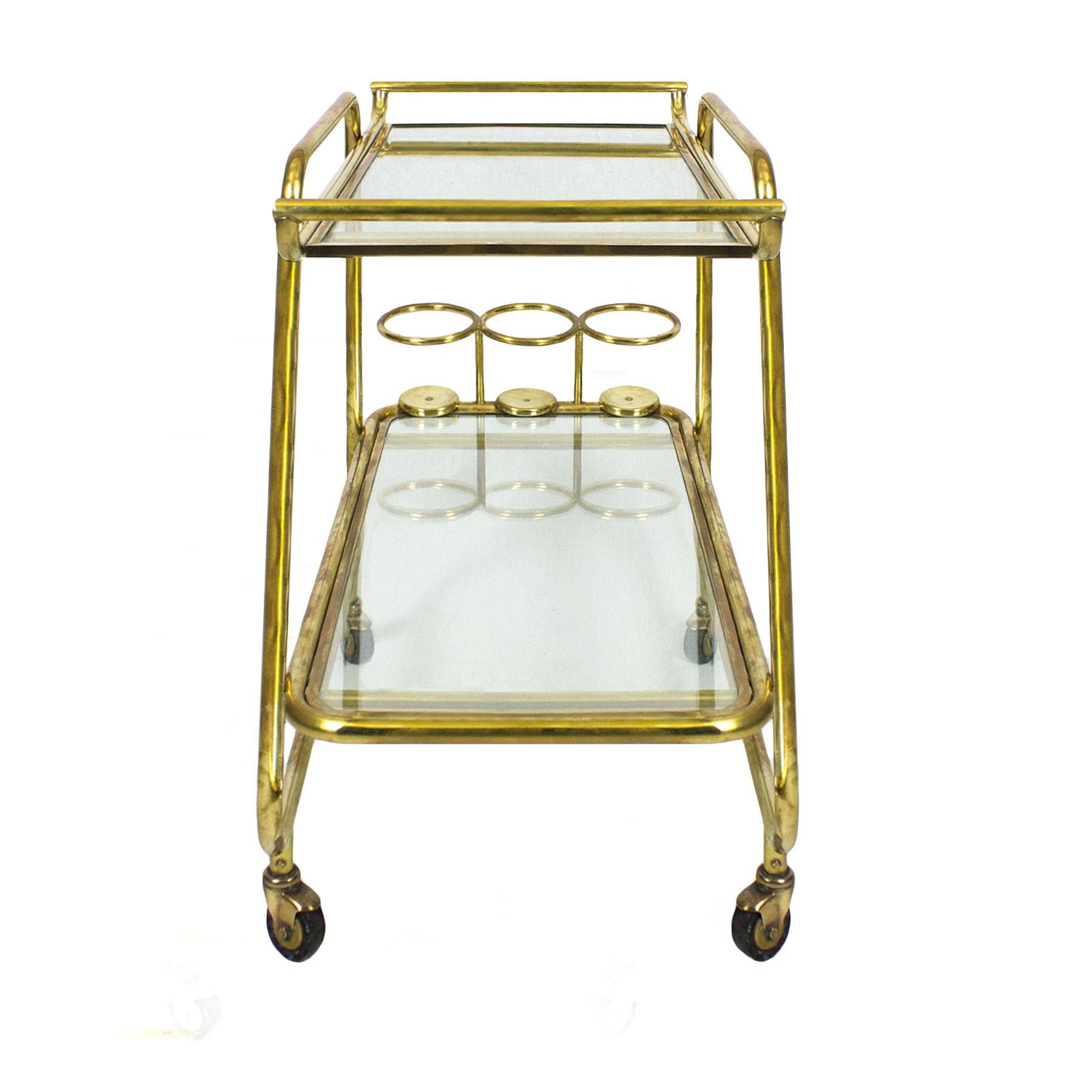 Italian 1930s Art Deco Bar Cart, Polished Brass and Glass, Bottles Rack, Italy