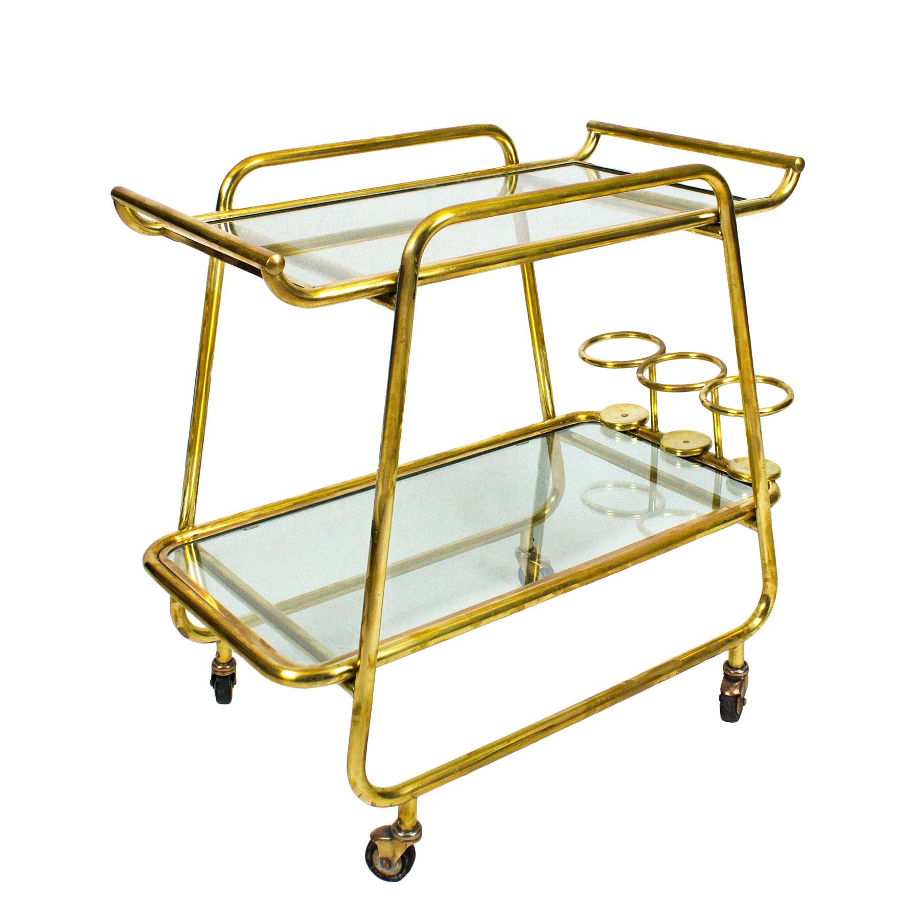 1930s Art Deco Bar Cart, Polished Brass and Glass, Bottles Rack, Italy In Good Condition In Girona, ES