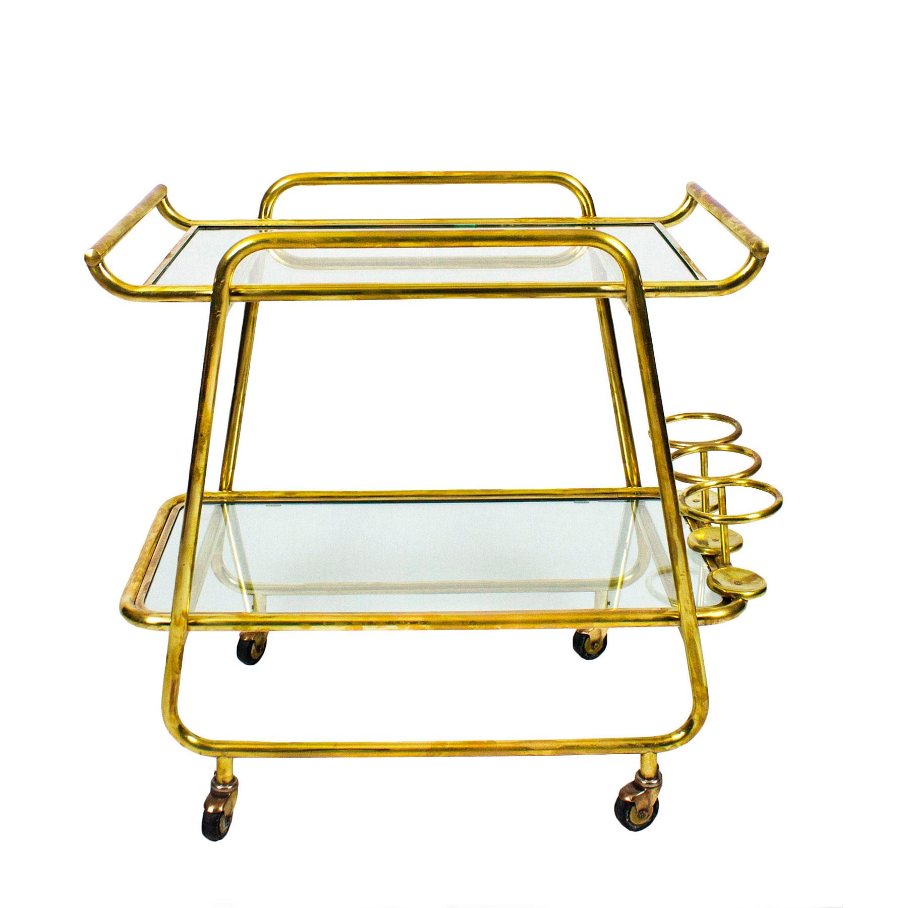 Mid-20th Century 1930s Art Deco Bar Cart, Polished Brass and Glass, Bottles Rack, Italy