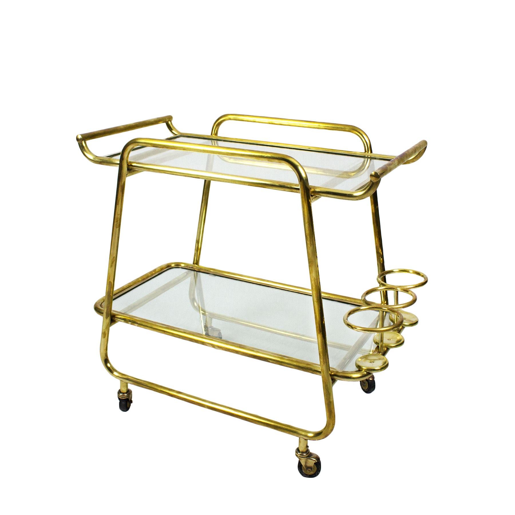 1930s Art Deco Bar Cart, Polished Brass and Glass, Bottles Rack, Italy 1