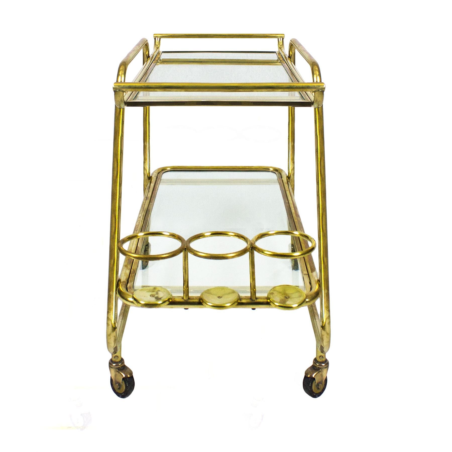 1930s Art Deco Bar Cart, Polished Brass and Glass, Bottles Rack, Italy 2
