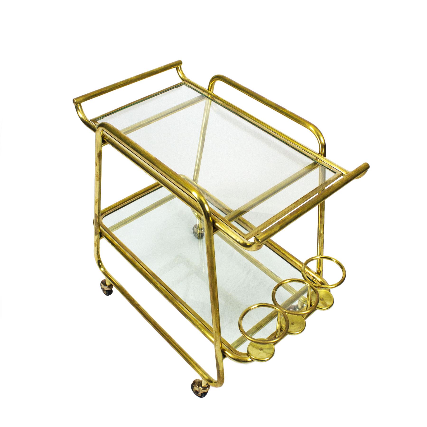 1930s Art Deco Bar Cart, Polished Brass and Glass, Bottles Rack, Italy 3