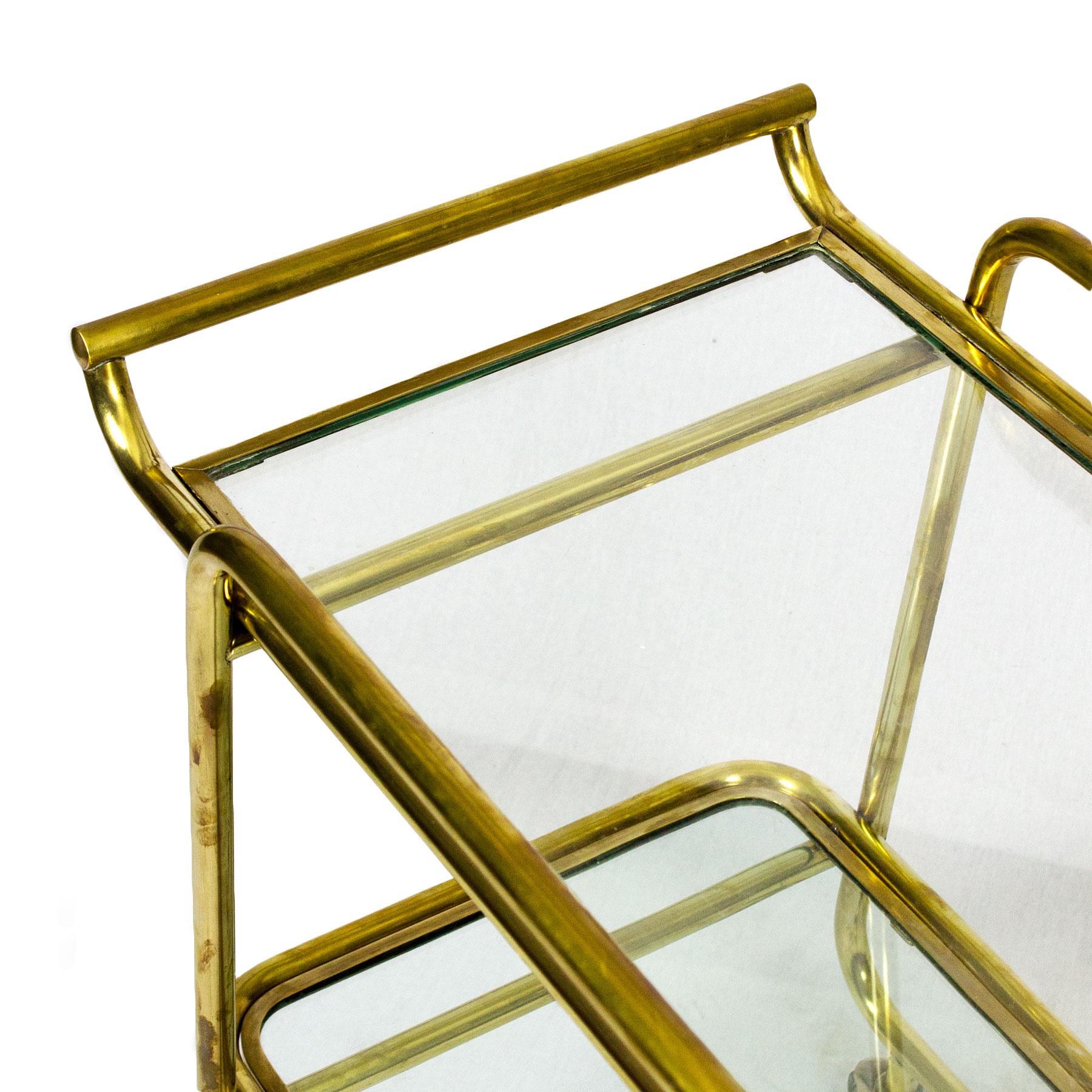1930s Art Deco Bar Cart, Polished Brass and Glass, Bottles Rack, Italy 4