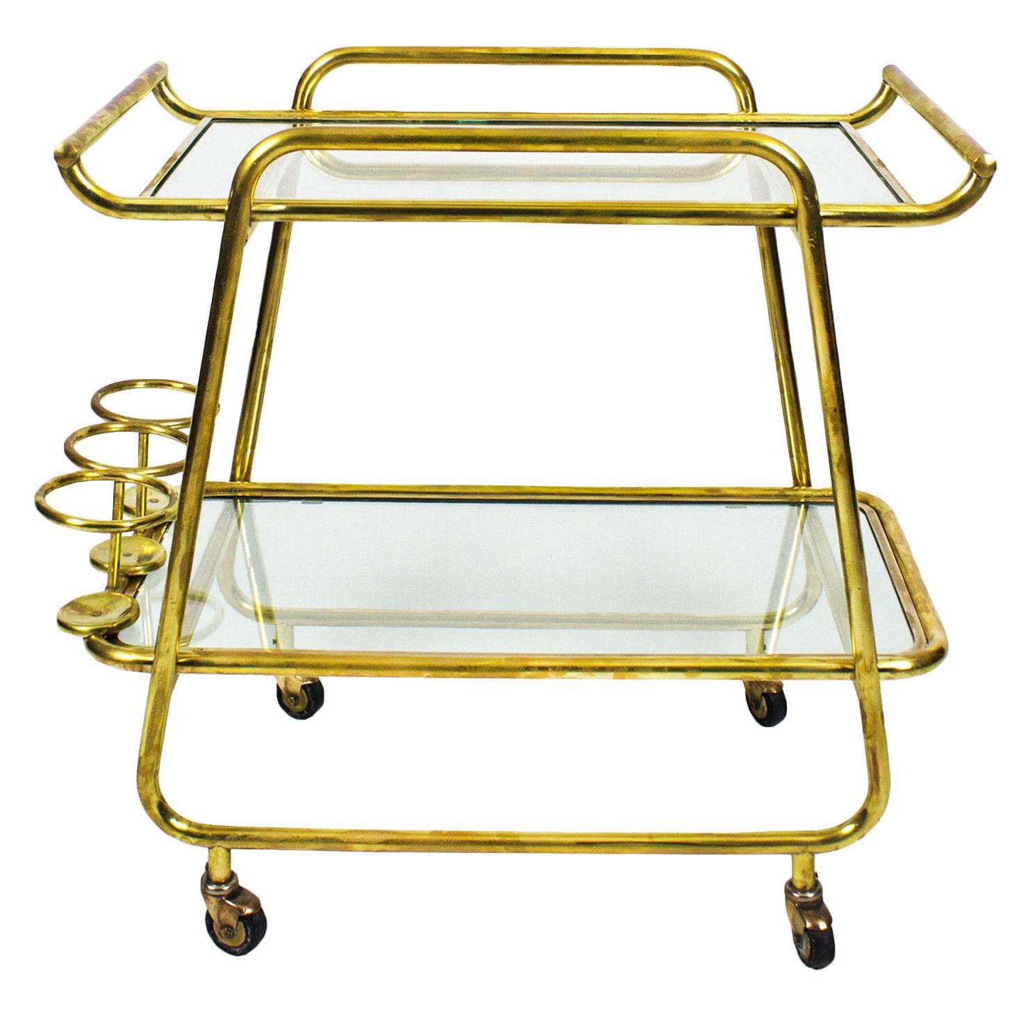 1930s Art Deco Bar Cart, Polished Brass and Glass, Bottles Rack, Italy