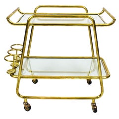 1930s Art Deco Bar Cart, Polished Brass and Glass, Bottles Rack, Italy