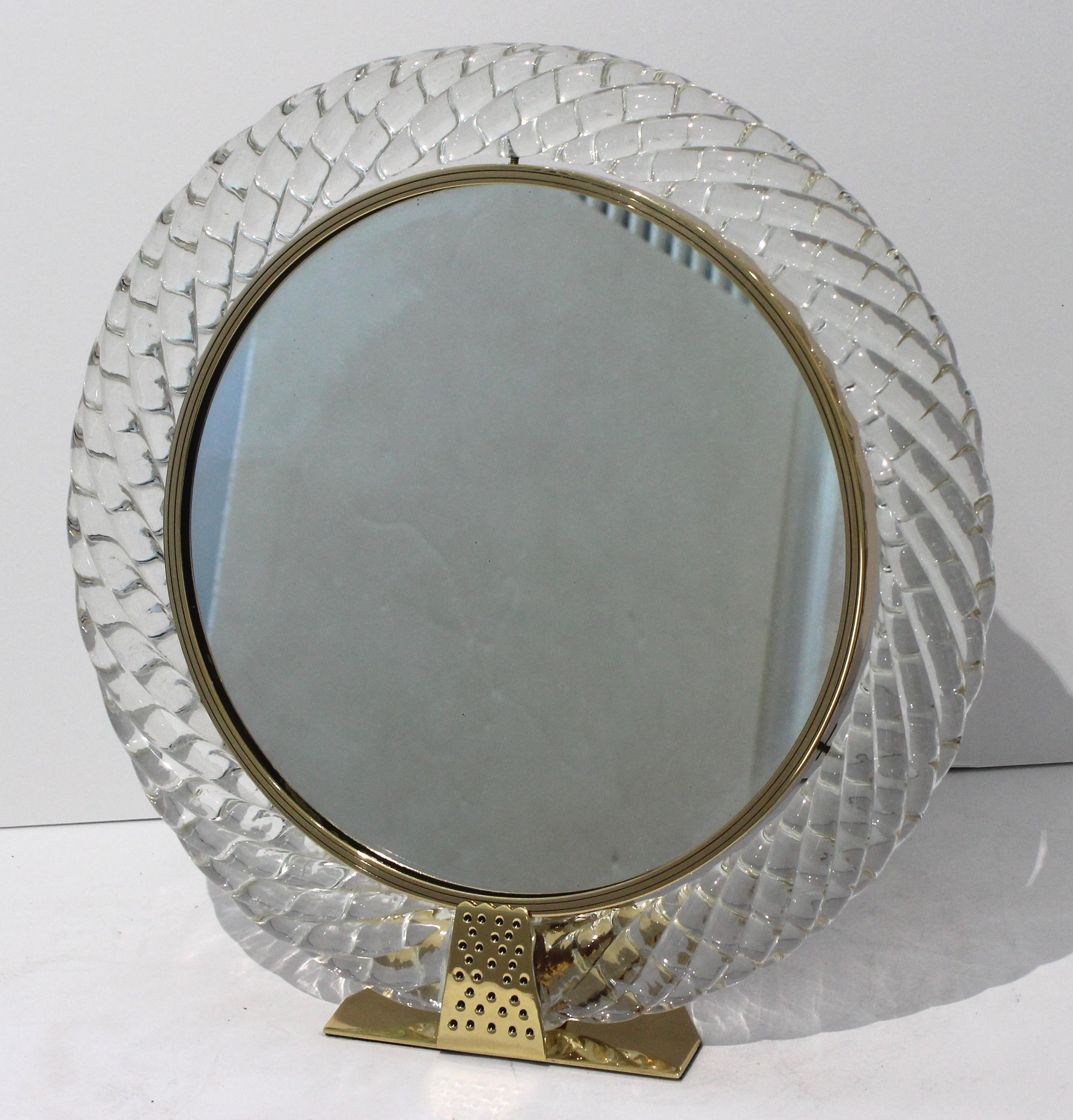 1930s Art Deco Barovier Et Toso Murano Vanity mirror with gold bronze stand from a Palm Beach estate.