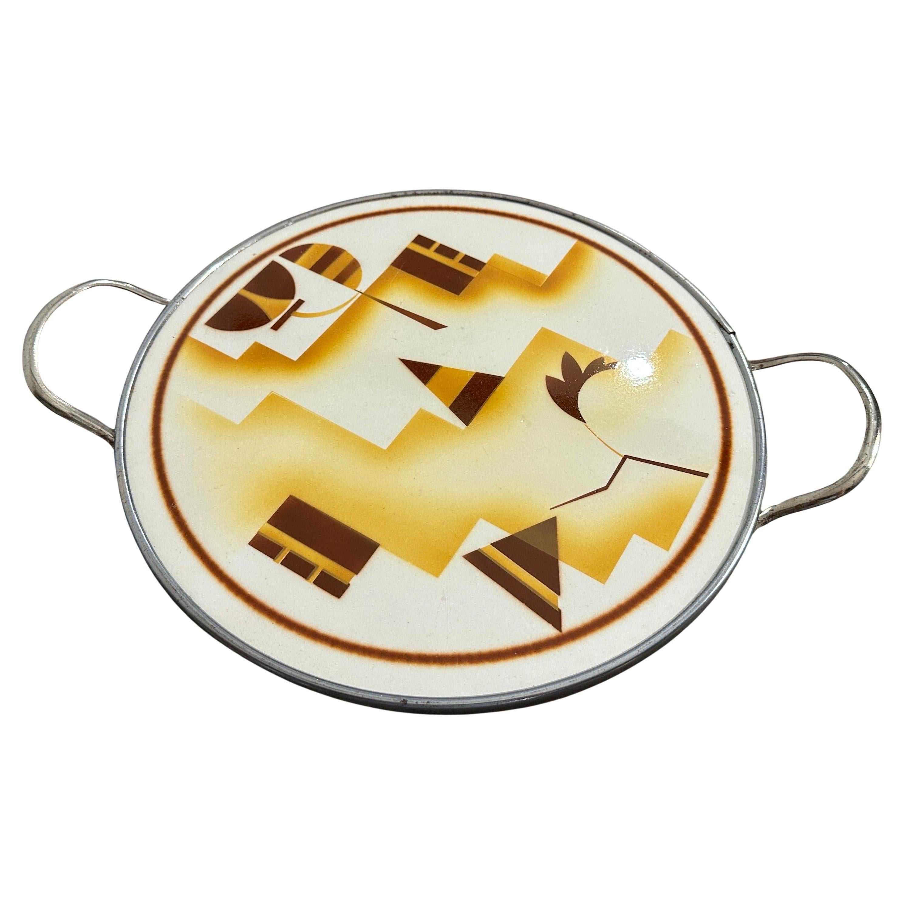 Vassoio rotondo tedesco in ceramica spazzolata ad aria e placca d
argento degli anni 
30 Art Deco Bauhaus in vendita