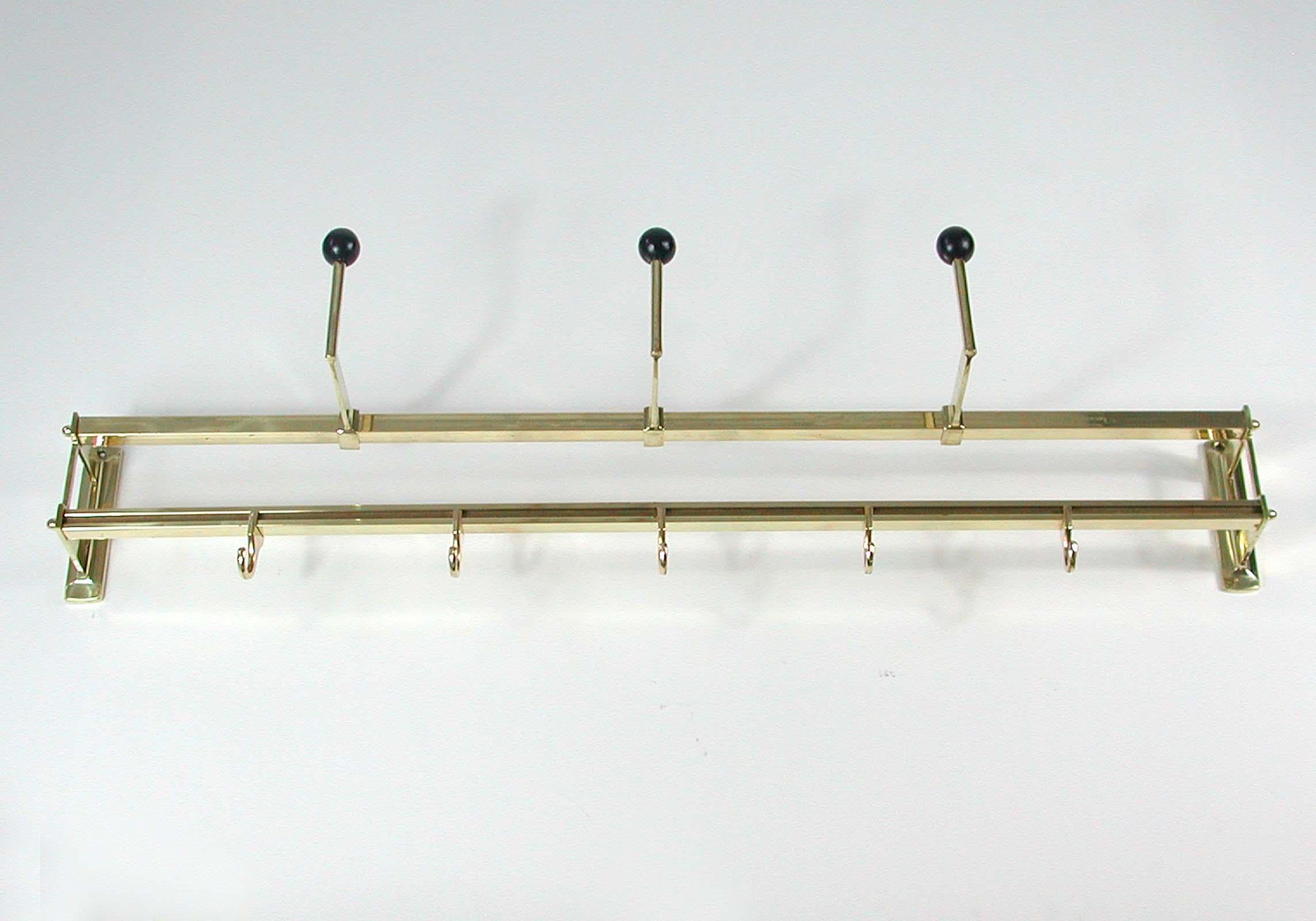 1930s Art Deco Bauhaus Brass and Wood Coat and Hat Rack 3