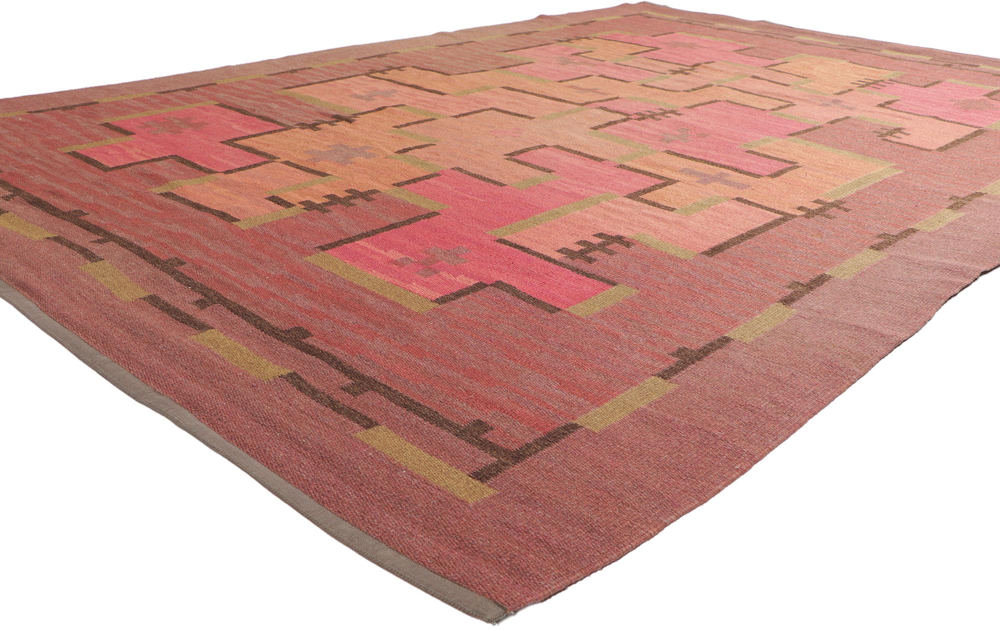 78476 Impi Sotavalta Vintage Finnish Flatweave, 06'06 x 09'07. Bold Art Deco meets Bauhaus simplicity in this handwoven Finnish flatweave rug. The eye-catching conceptual design and earthy colorway woven into this piece work together creating a