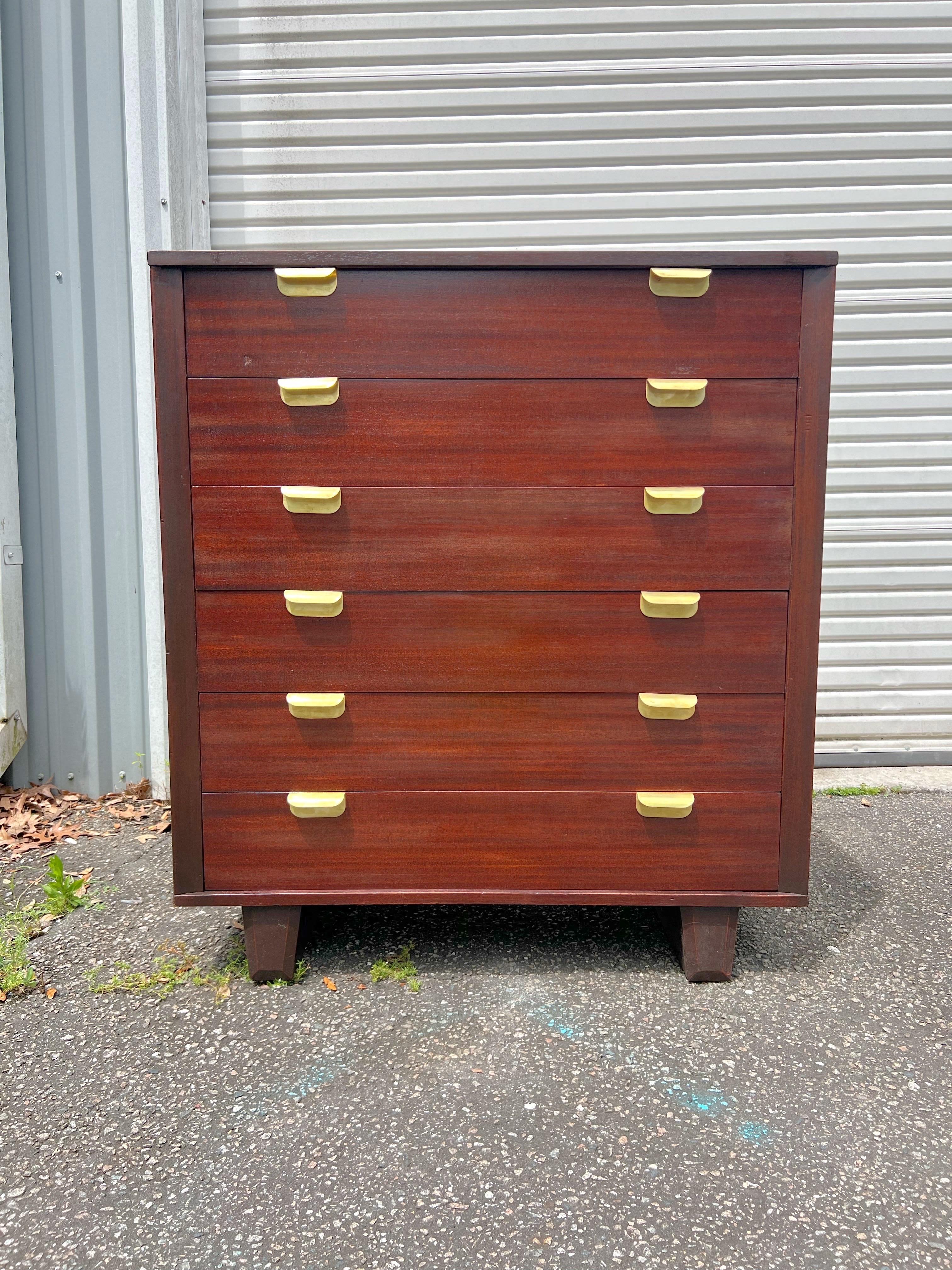 Oh boy this dresser is so much cooler in person than the pictures show.  6 drawers with original brass pulls.  The dresser was carefully refinished and we did strip the handles, and polish them, and lacquer them. This gorgeous piece sits on 2
