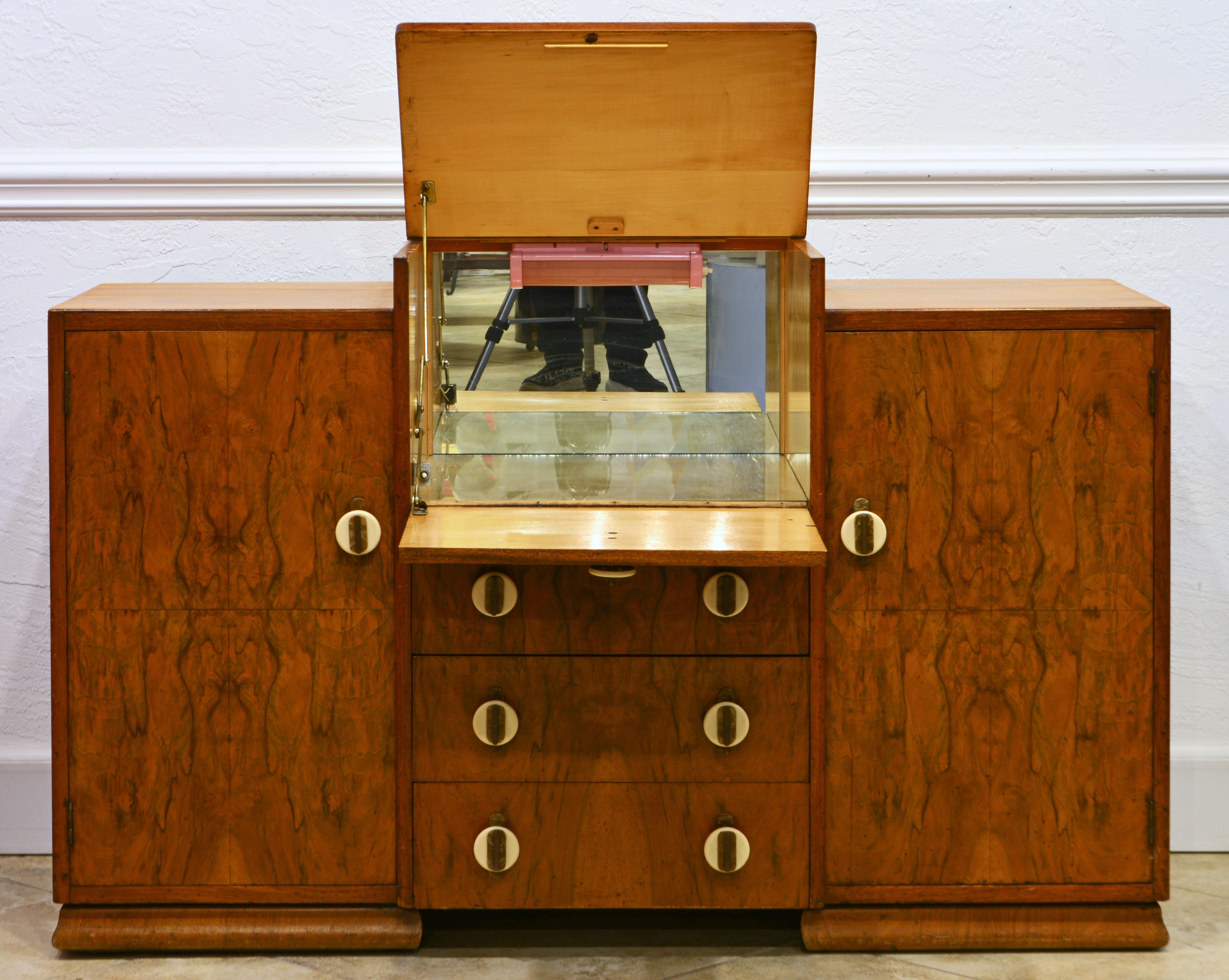 English 1930's Art Deco Bauhaus Style Burled Walnut Birch and Bakelite Cocktail Cabinet