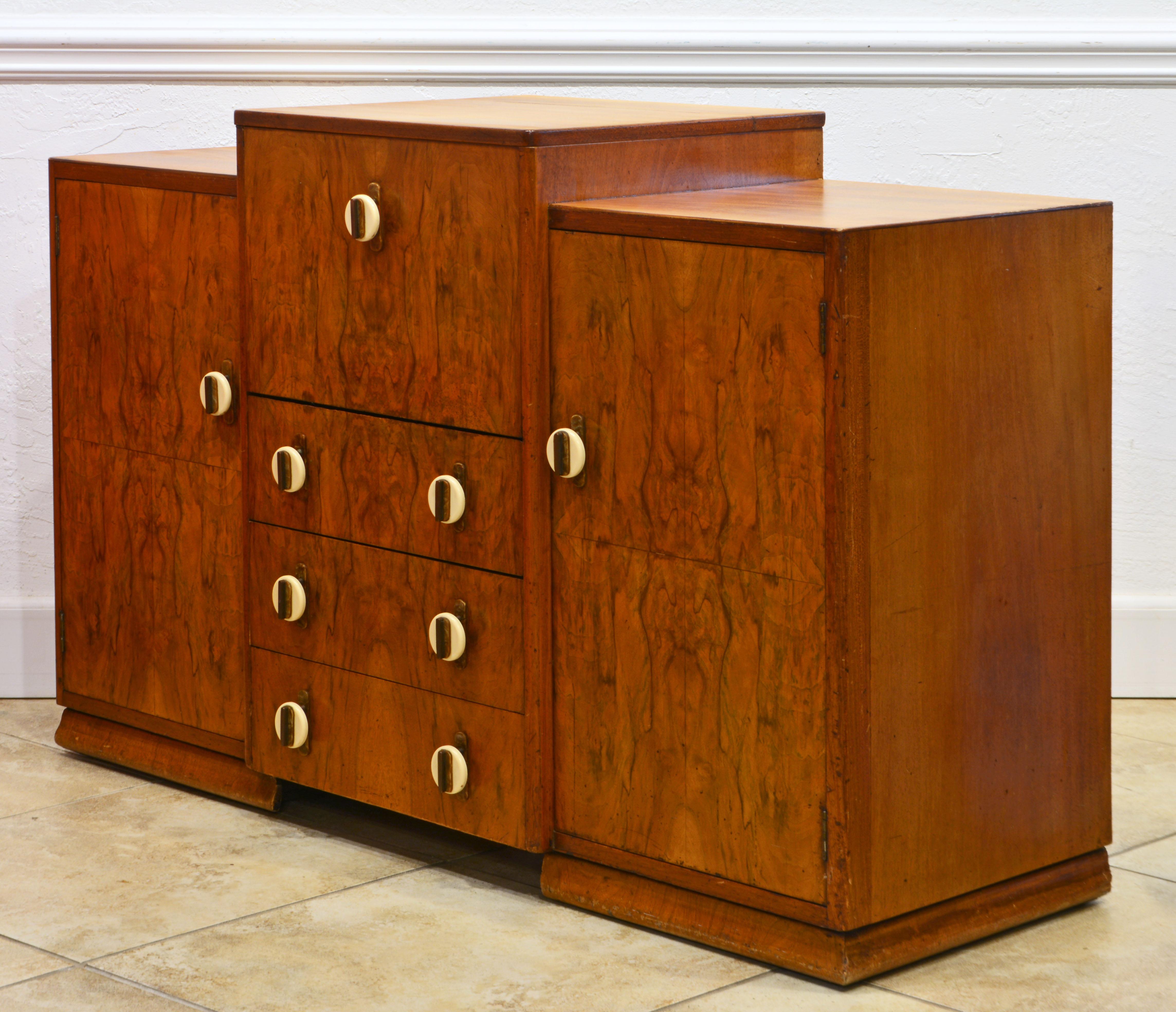 20th Century 1930's Art Deco Bauhaus Style Burled Walnut Birch and Bakelite Cocktail Cabinet