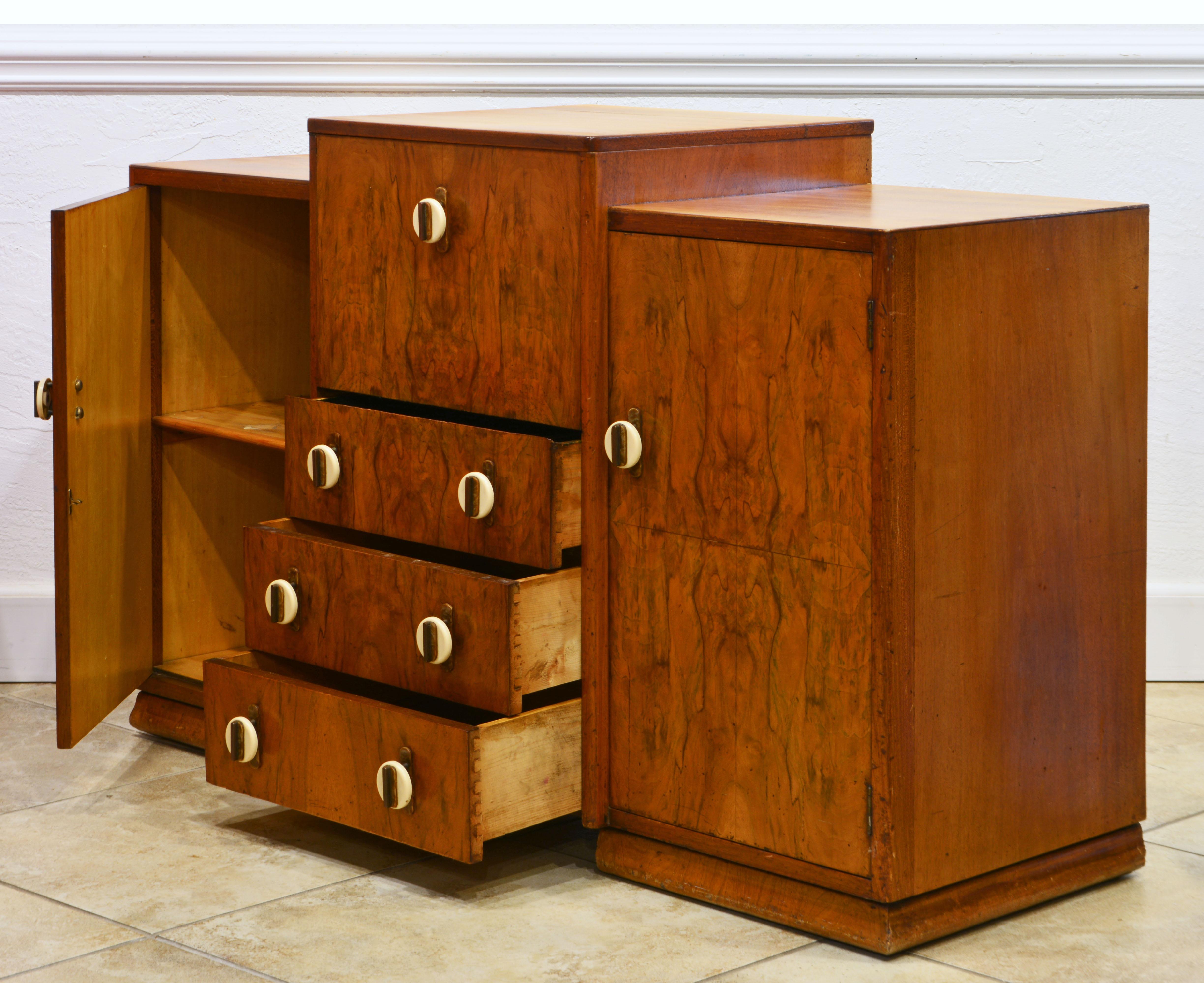 Brass 1930's Art Deco Bauhaus Style Burled Walnut Birch and Bakelite Cocktail Cabinet