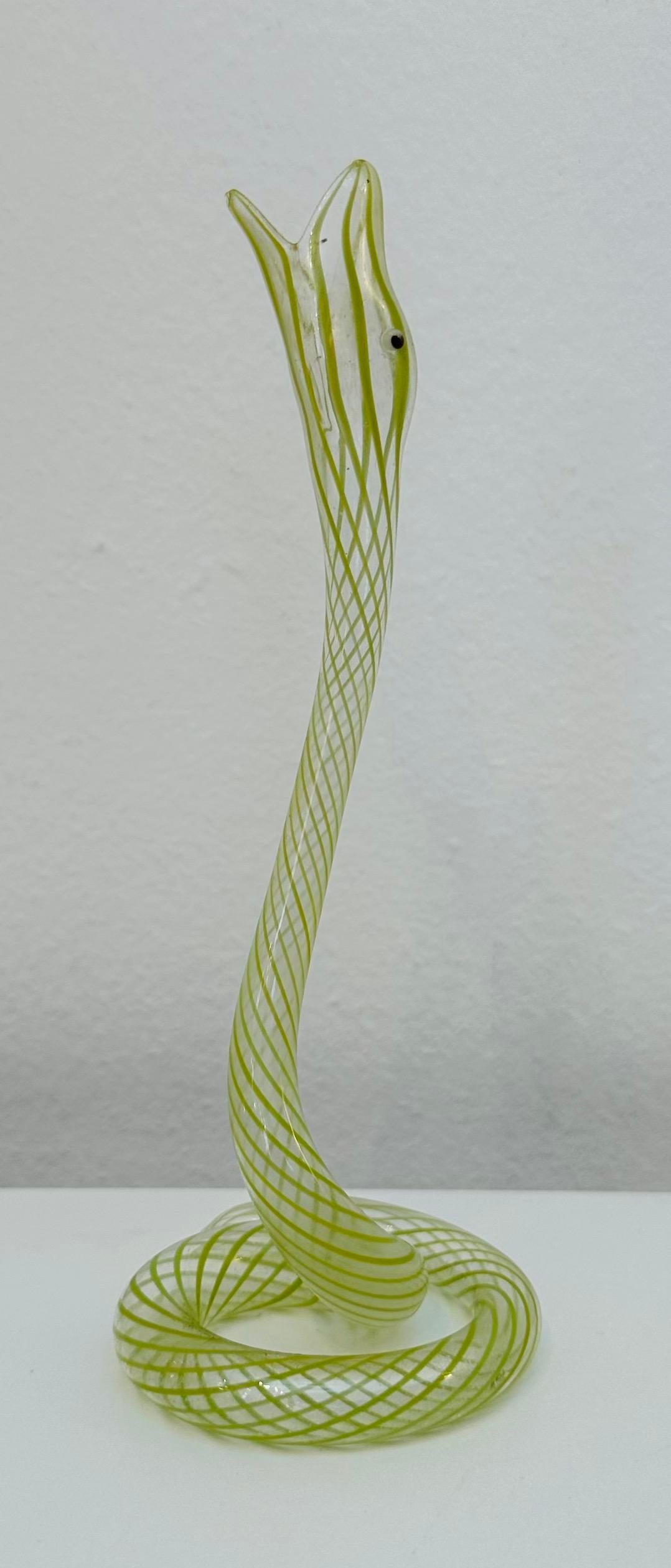 1930s Art Deco Bimini or Lauscha Lampworked Lime Green Striped Snake Glass Vase In Good Condition In London, GB