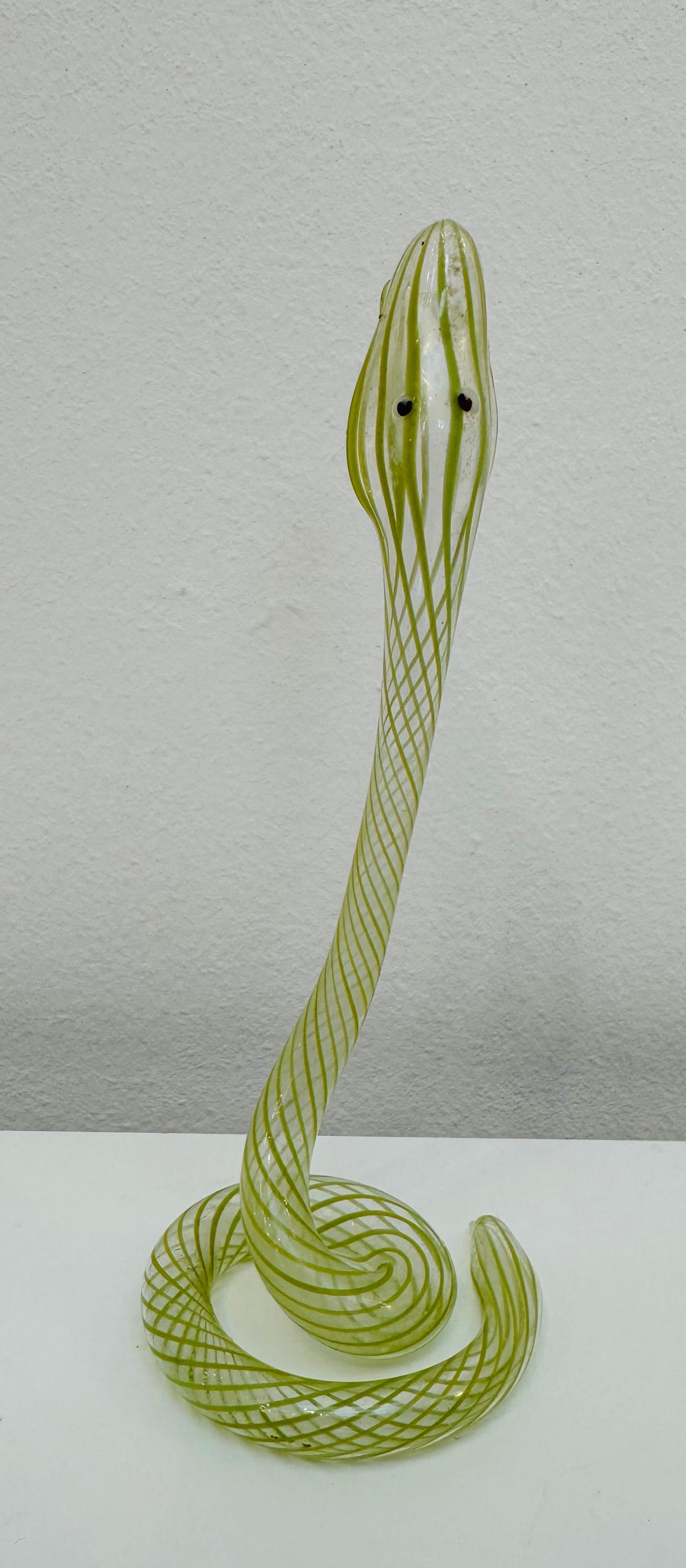 Mid-20th Century 1930s Art Deco Bimini or Lauscha Lampworked Lime Green Striped Snake Glass Vase