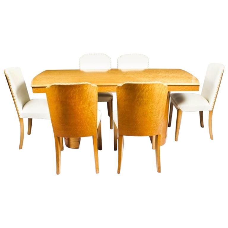 1930s Art Deco Bird’s-Eye Maple Dining Table and Six Chairs