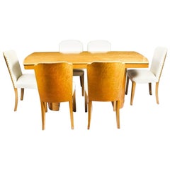 1930s Art Deco Bird’s-Eye Maple Dining Table and Six Chairs