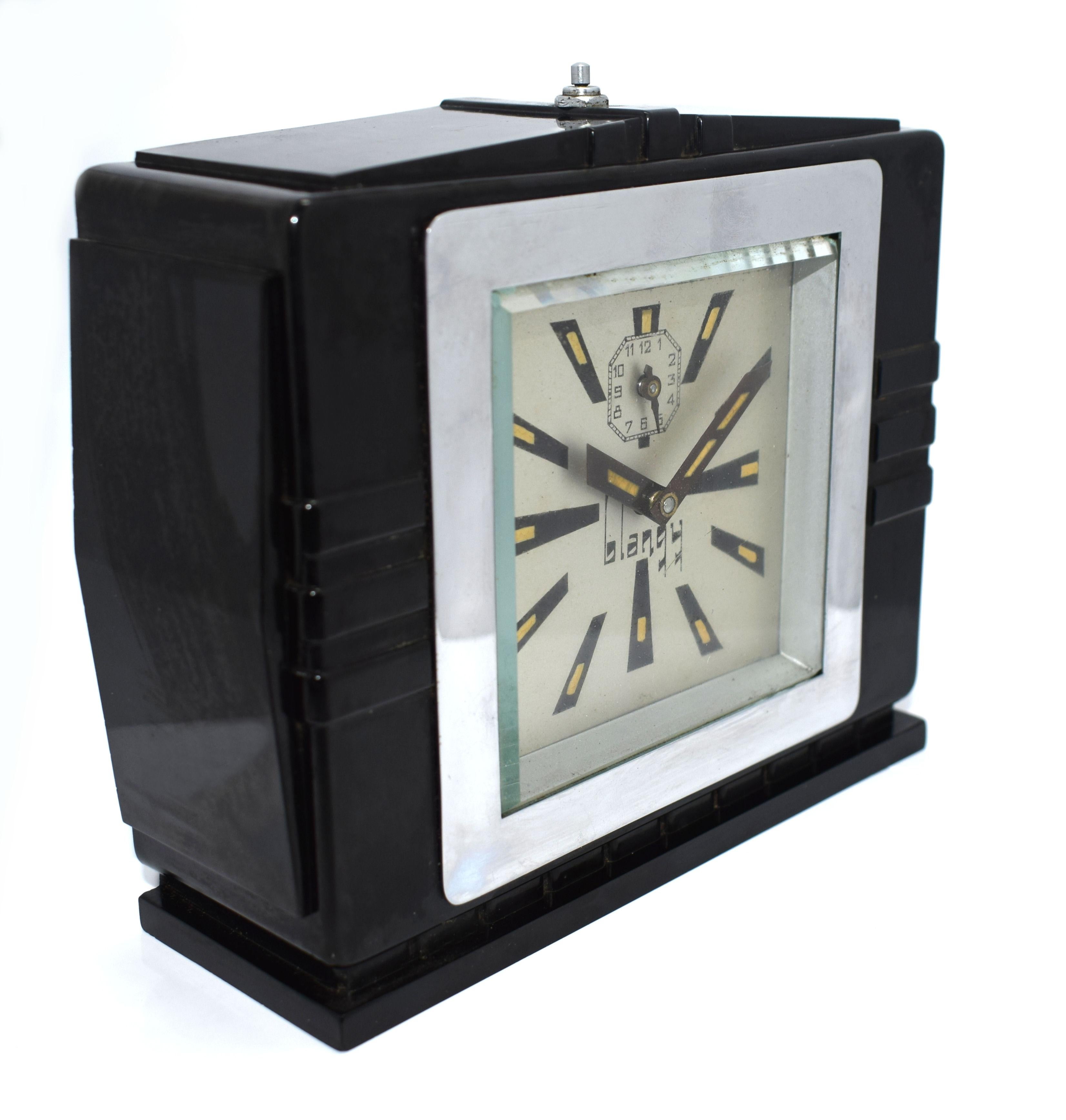 French 1930s Art Deco Black Bakelite Clock By Blangy