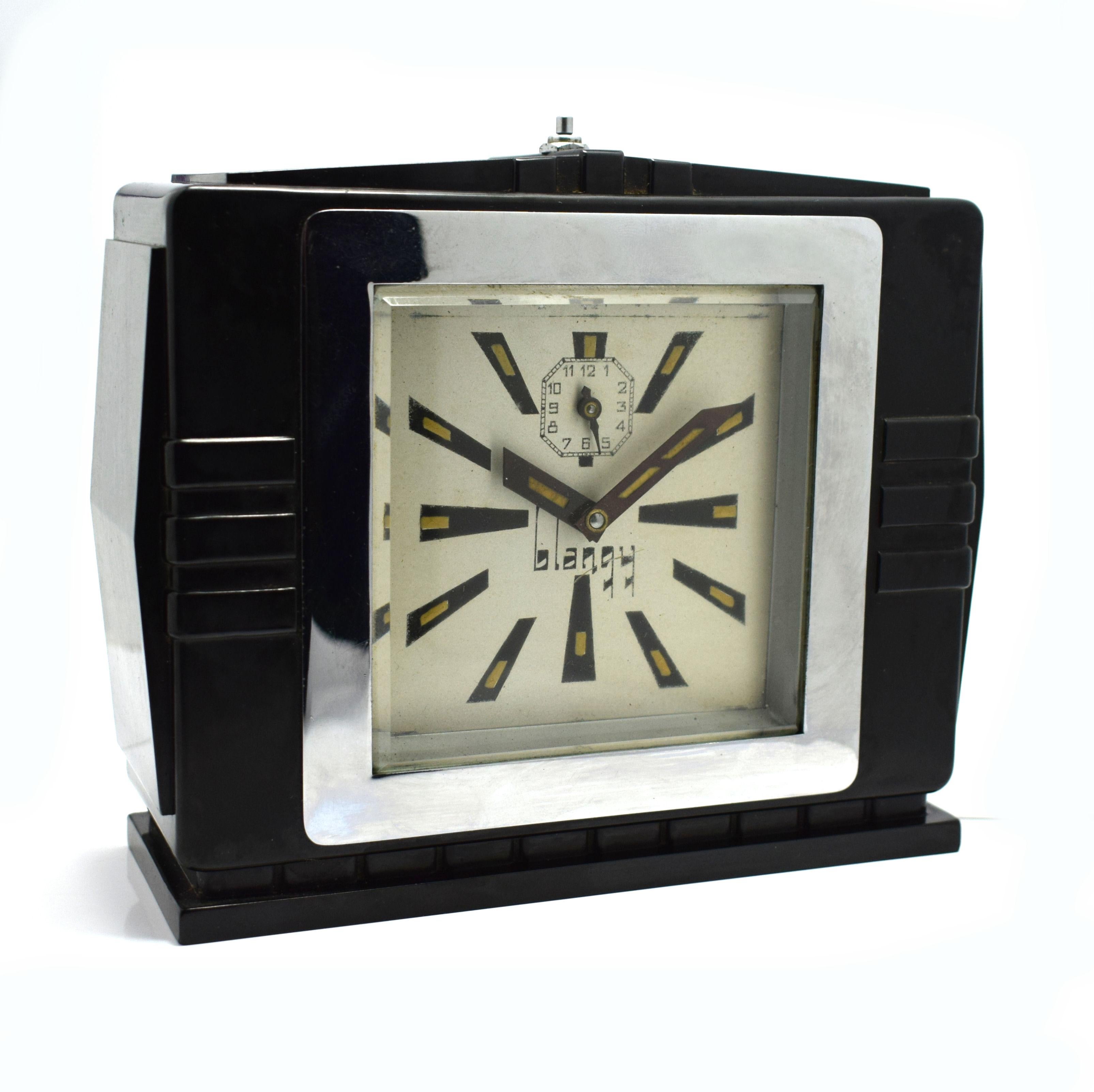 1930s Art Deco Black Bakelite Clock By Blangy In Good Condition In Devon, England
