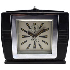 Vintage 1930s Art Deco Black Bakelite Clock By Blangy