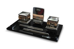 1930s Art Deco Black Lacquer and Chrome Desk Set with 2 Inkwells and Calendar