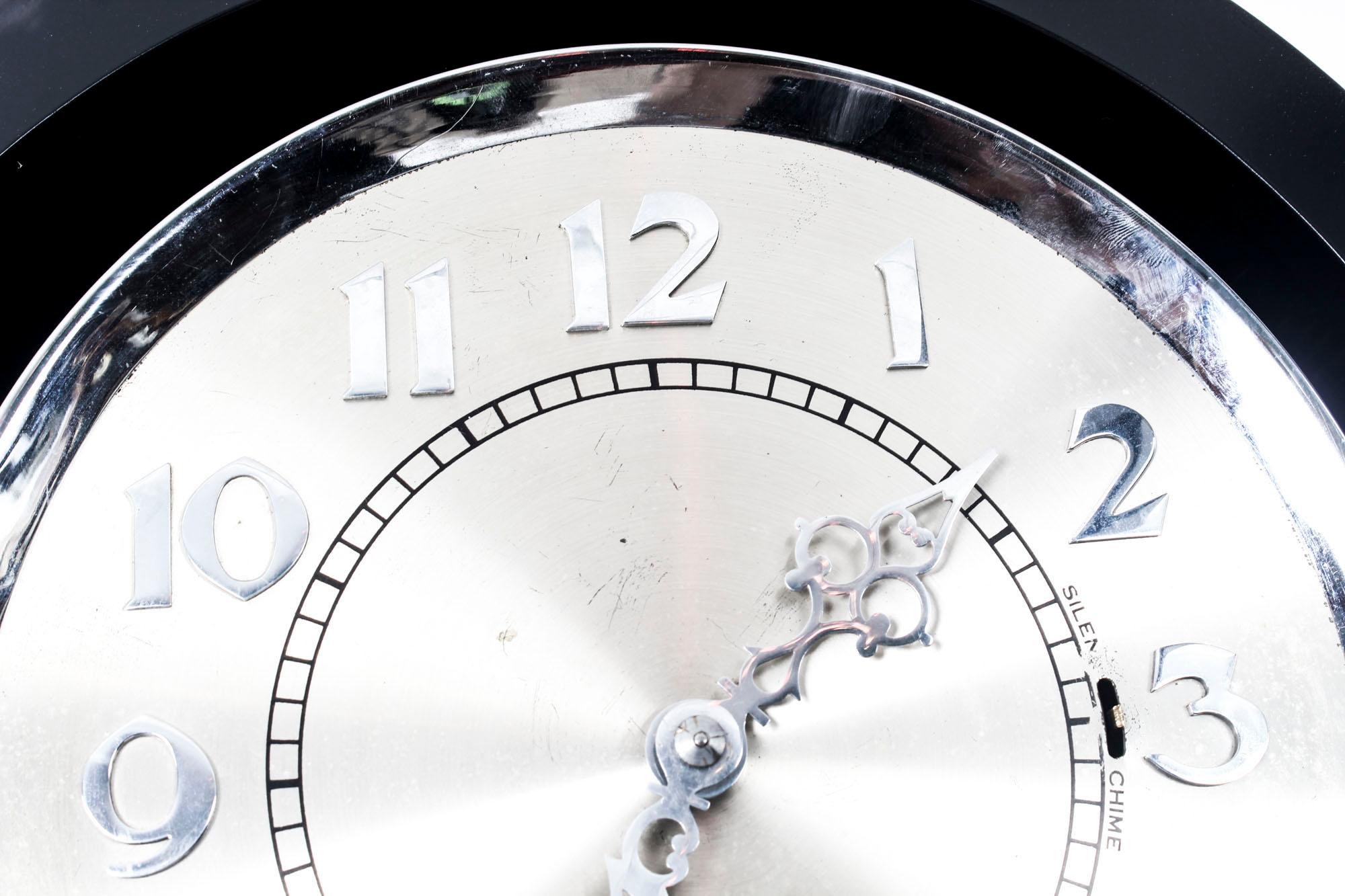 English 1930s Art Deco Black Lacquer Chiming Longcase Clock