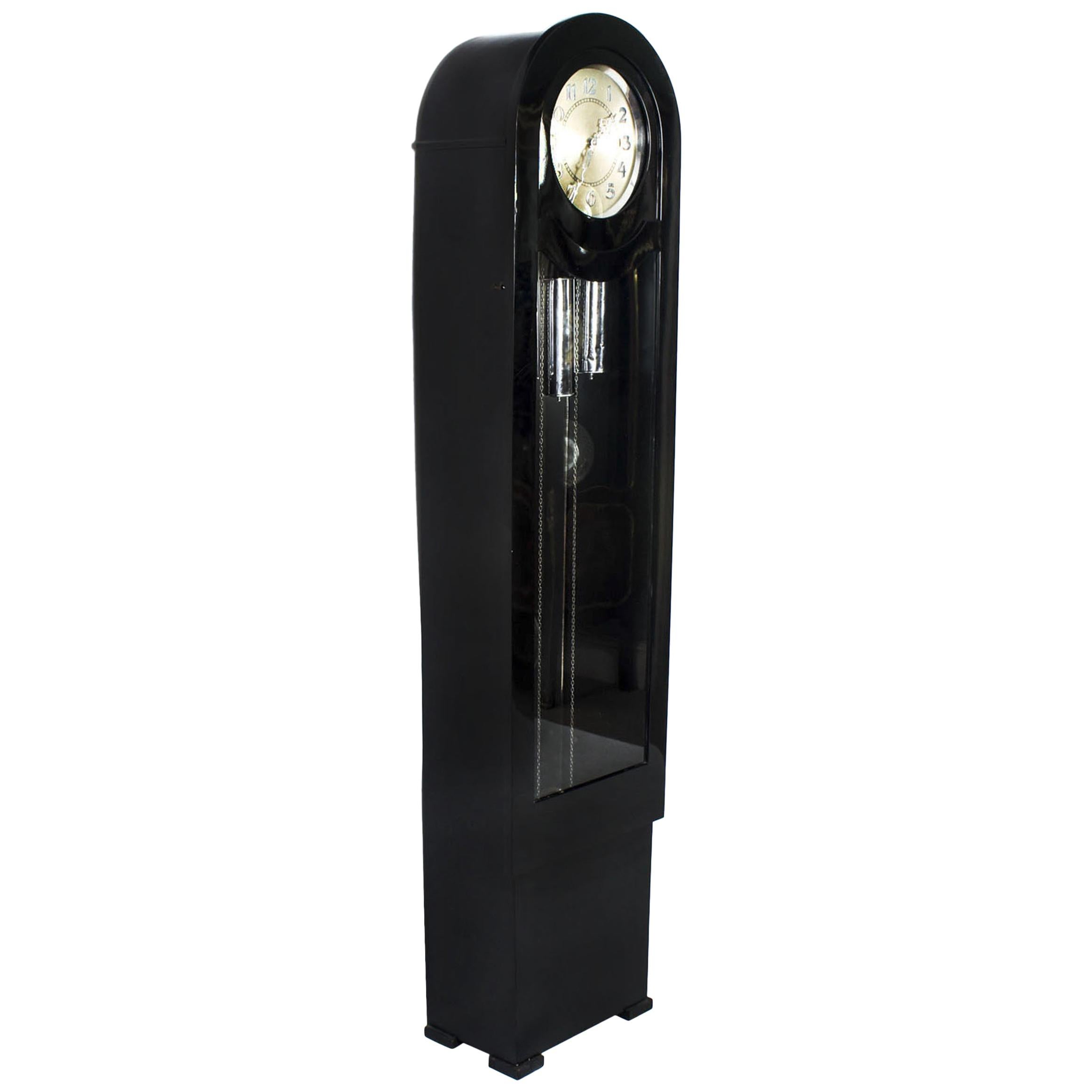 1930s Art Deco Black Lacquer Chiming Longcase Clock