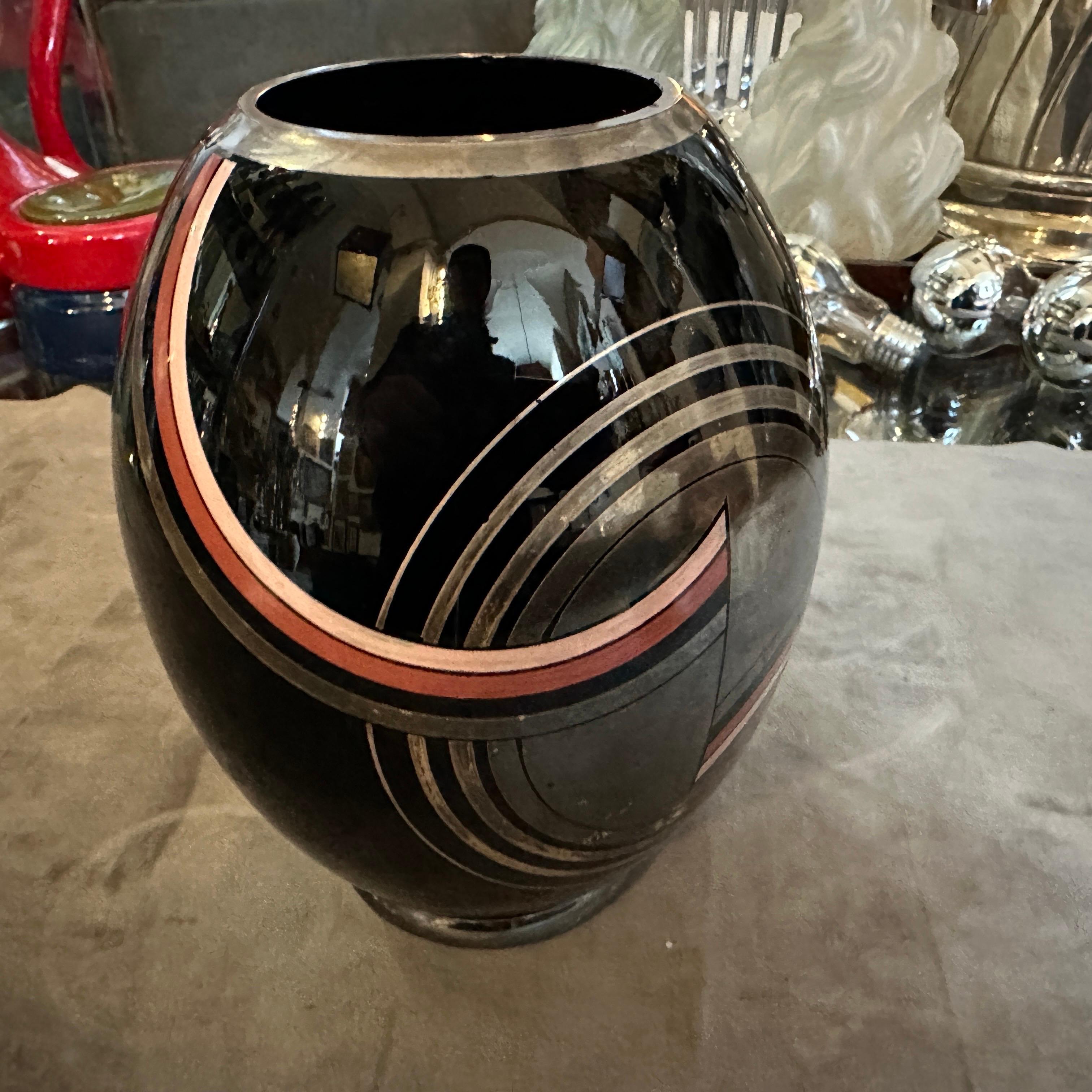 Vaso francese in vetro nero, argento e rosa Art Deco anni '30 in vendita 4