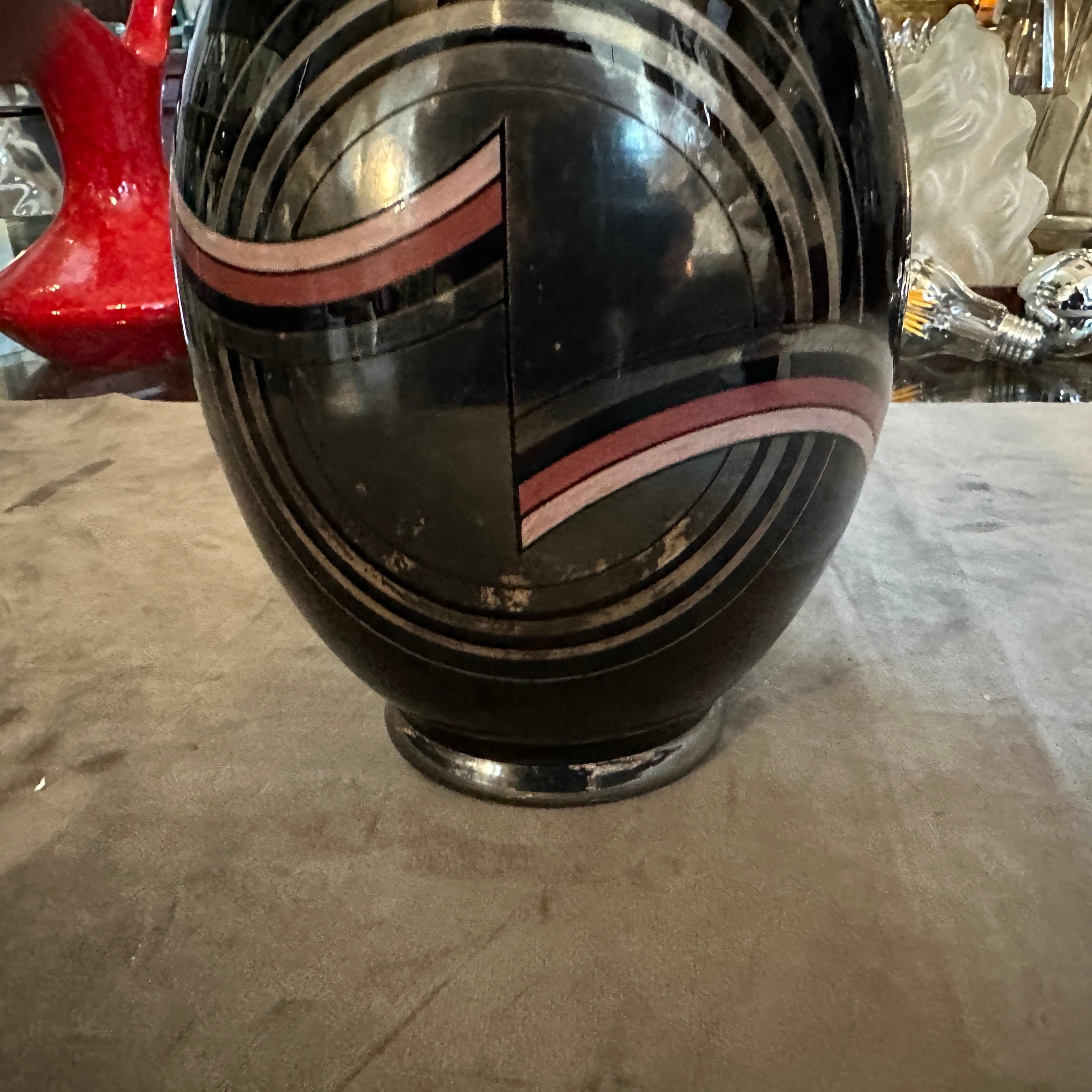 XX secolo Vaso francese in vetro nero, argento e rosa Art Deco anni '30 in vendita