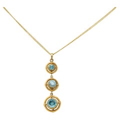 1930's Art Deco Blue Zircon 10 Karat Gold Drop Pendant Necklace